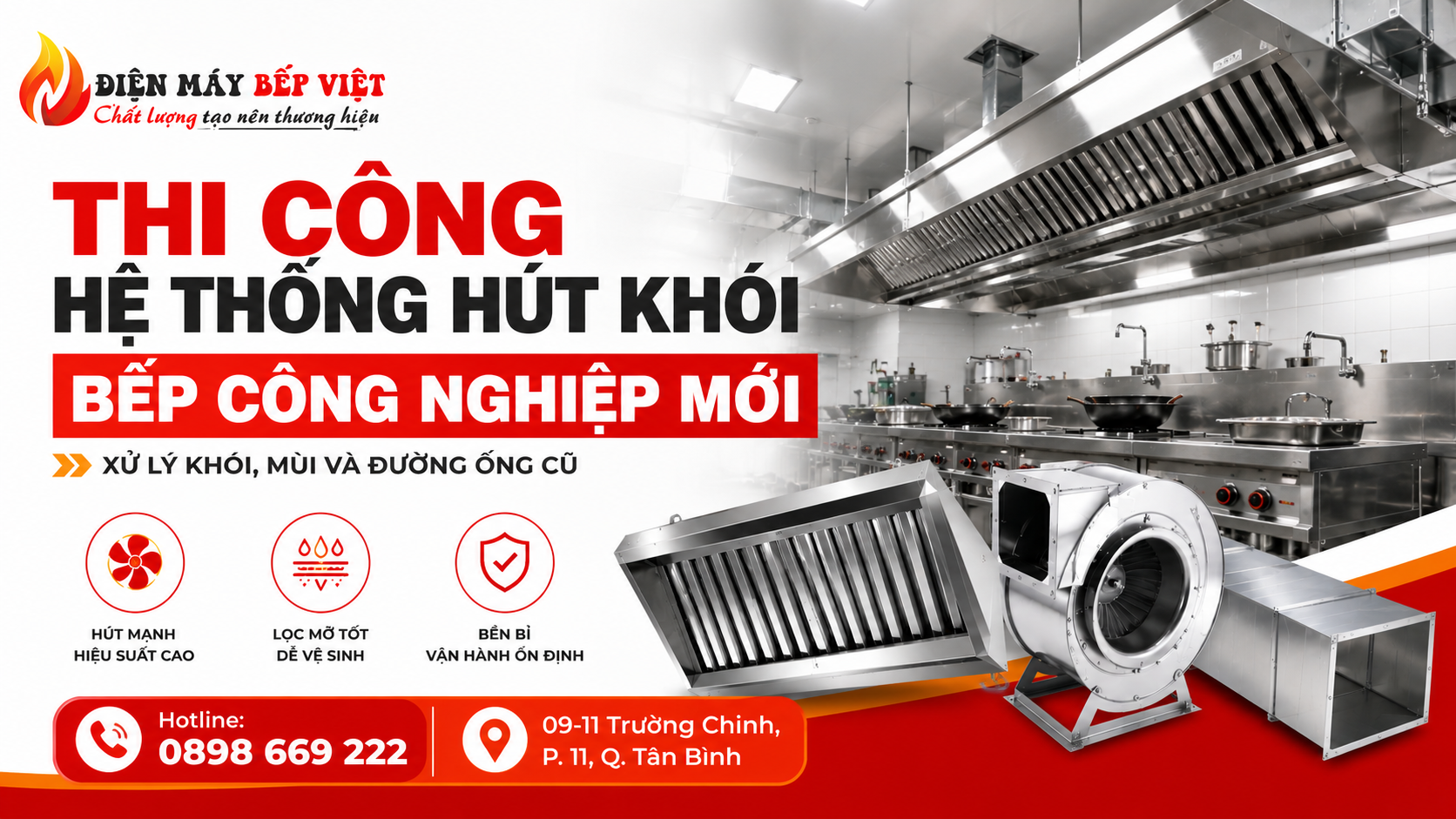 Banner thi công hệ thống hút khói bếp công nghiệp mới với chụp hút inox, quạt hút ly tâm và đường ống hút khói trong khu bếp nhà hàng công nghiệp của Điện Máy Bếp Việt.