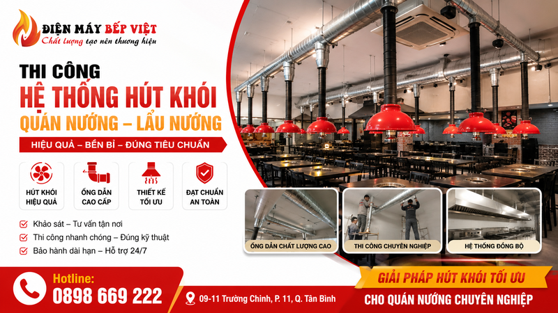 Điện Máy Bếp Việt thi công hệ thống hút khói quán nướng với đường ống inox, chụp hút khói đỏ và không gian nhà hàng lẩu nướng chuyên nghiệp.