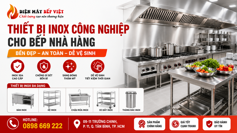 thiết bị inox công nghiệp cho bếp nhà hàng gồm bàn inox, kệ inox, chậu rửa inox, xe đẩy inox và thùng rác inox.