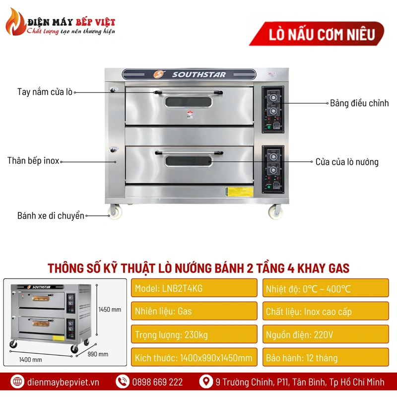 Thông số kỹ thuật lò nấu cơm niêu 2 tầng 4 khay sử dụng gas