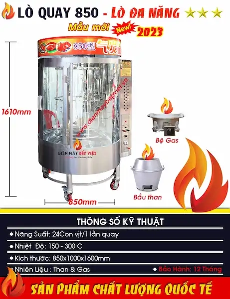 thông số kỹ thuật lò quay 850 cao cấp than gas 