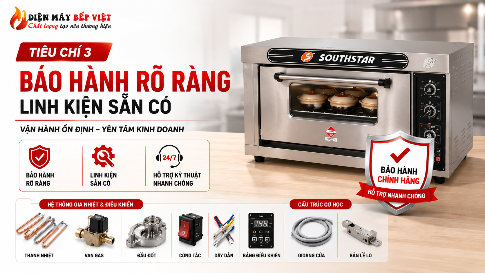 Hình minh họa tiêu chí bảo hành và linh kiện thay thế khi mua lò nấu cơm niêu với lò Southstar, các bộ phận kỹ thuật như thanh nhiệt, van gas, bảng điều khiển và linh kiện hỗ trợ vận hành bếp.