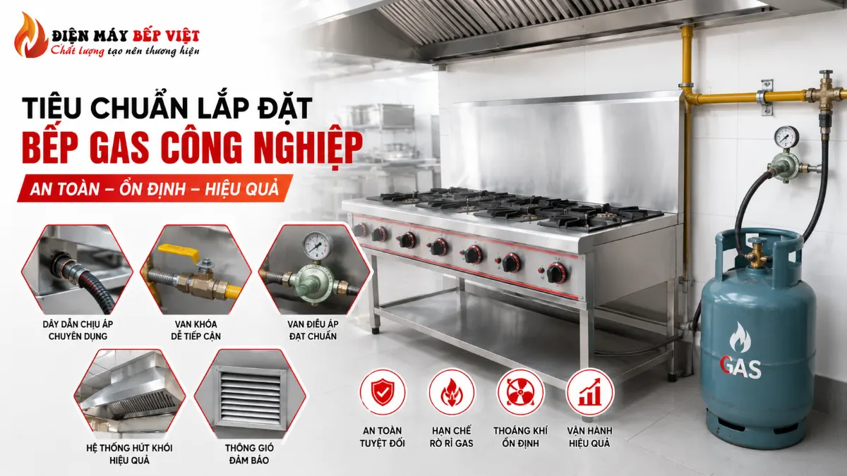 Hình minh họa tiêu chuẩn lắp đặt bếp gas công nghiệp an toàn với hệ thống van gas và dây dẫn