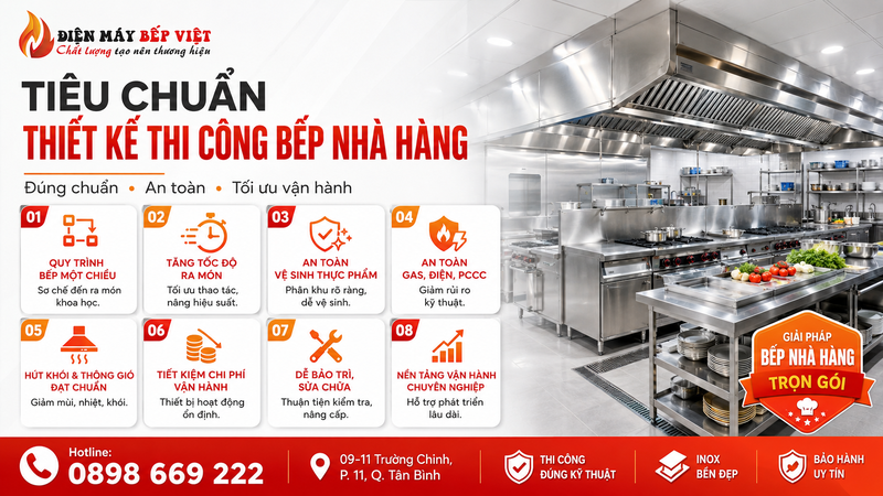 tiêu chuẩn thiết kế thi công bếp nhà hàng đúng chuẩn với khu bếp inox, hệ thống hút khói, gas, cấp thoát nước và bố trí công năng khoa học.