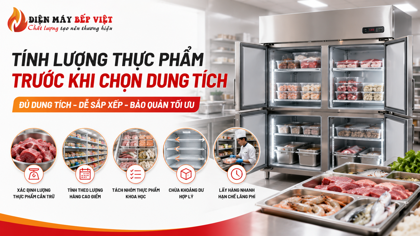 Tủ đông công nghiệp chứa thực phẩm được sắp xếp khoa học trong bếp nhà hàng nhằm minh họa cách tính lượng thực phẩm trước khi chọn dung tích tủ phù hợp.