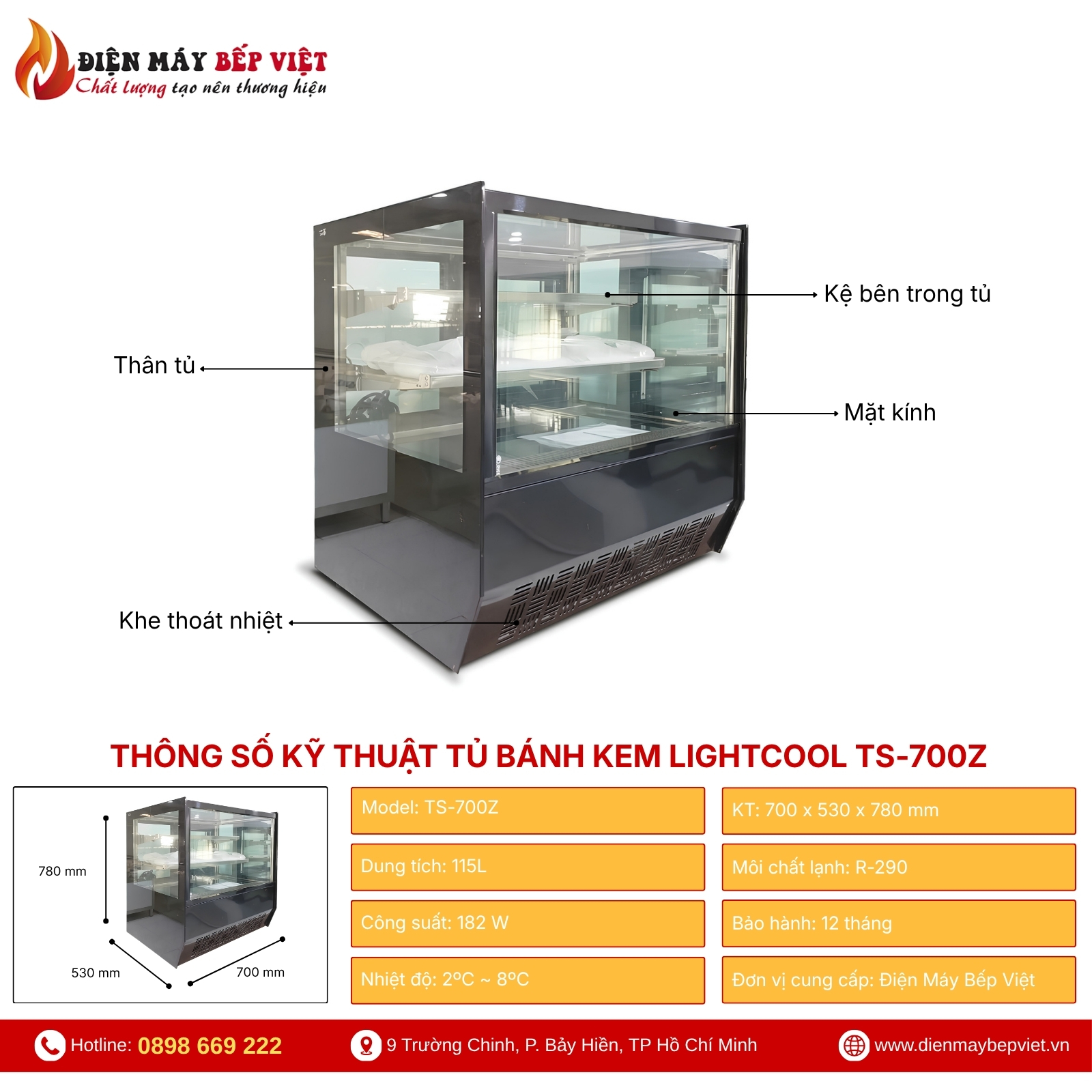 Tủ Bánh Kem Để Bàn 70cm Kính Vuông Lightcool TS-700Z