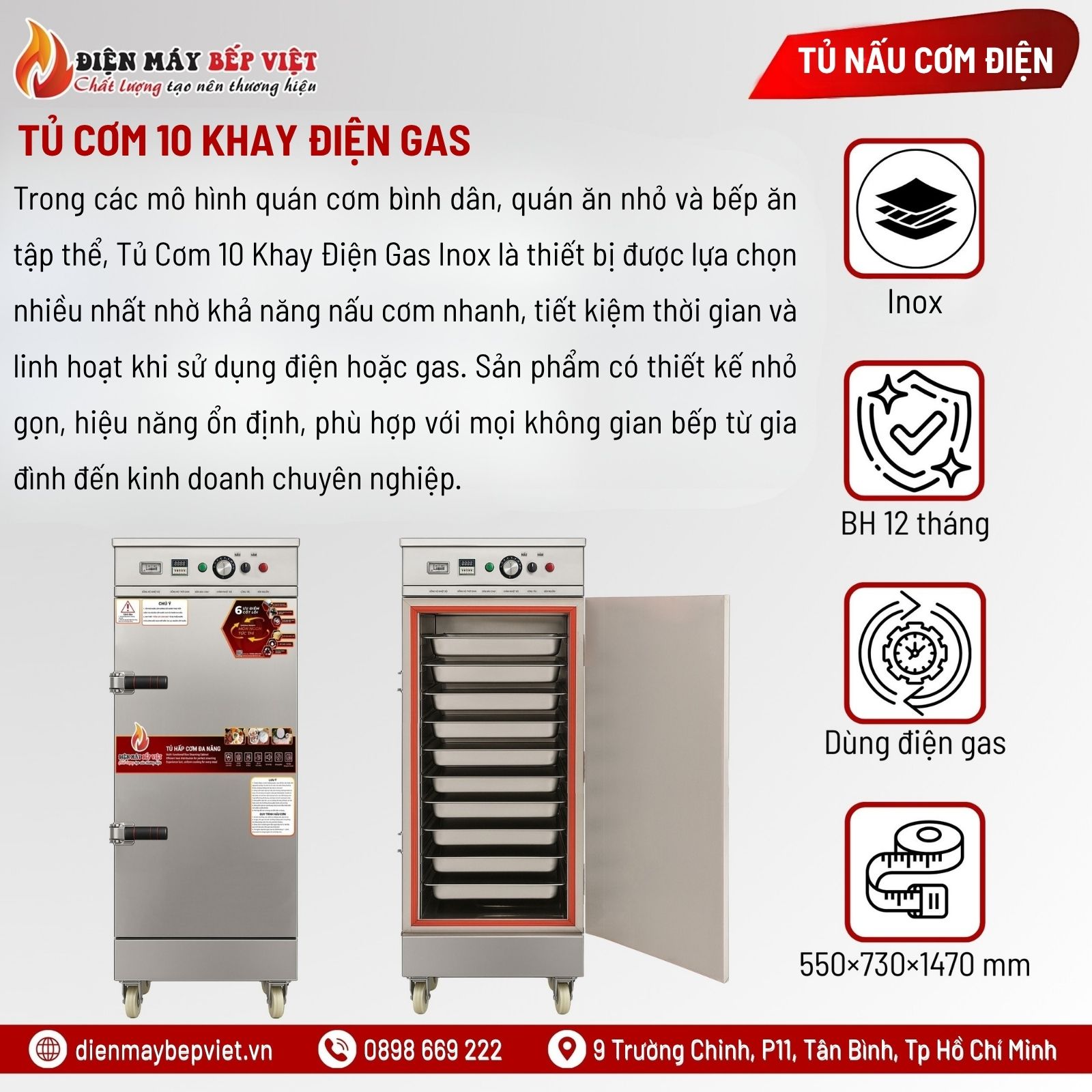 Tủ Cơm 10 Khay Điện Gas