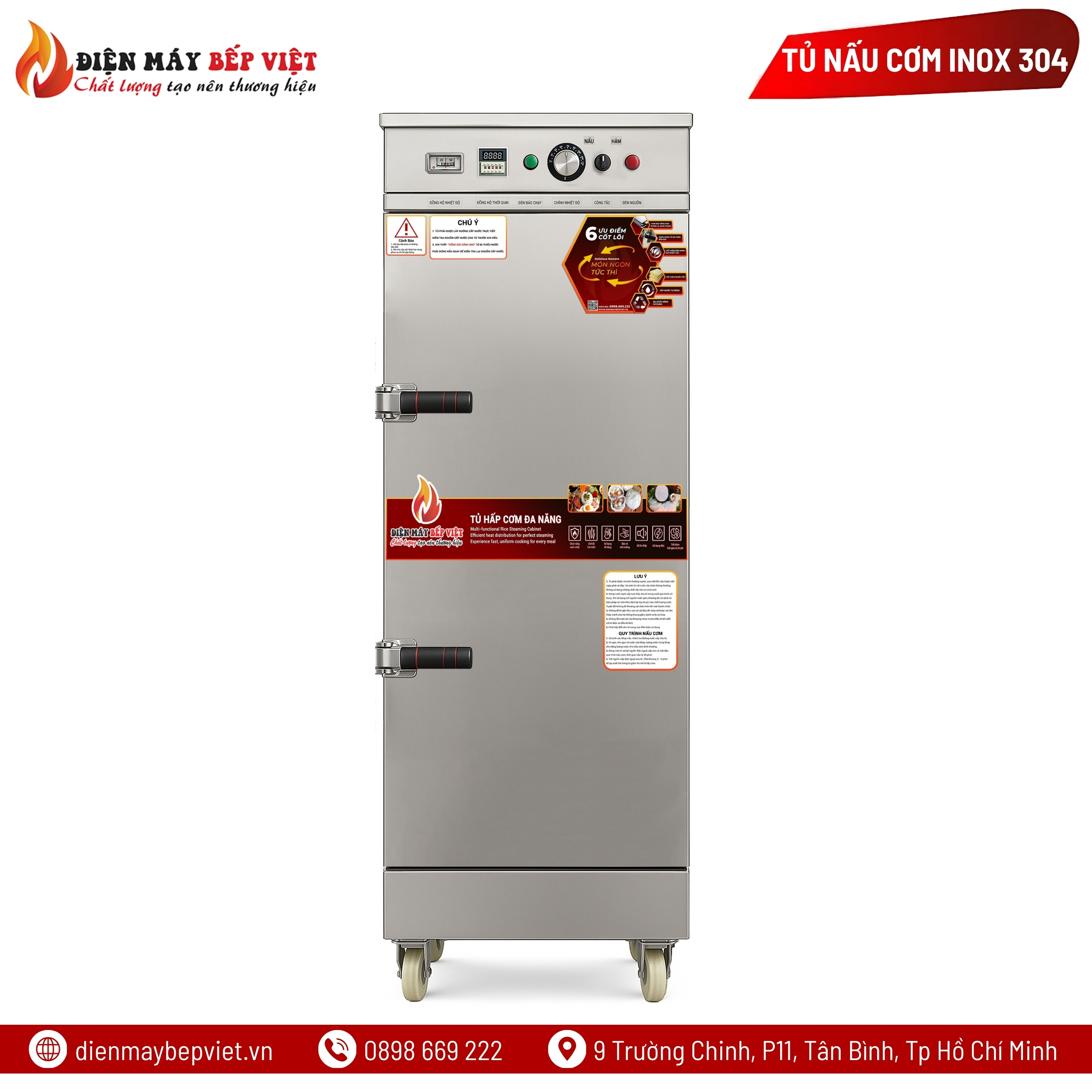 Tủ Cơm 12 Khay Điện Gas Inox 304 Cao Cấp