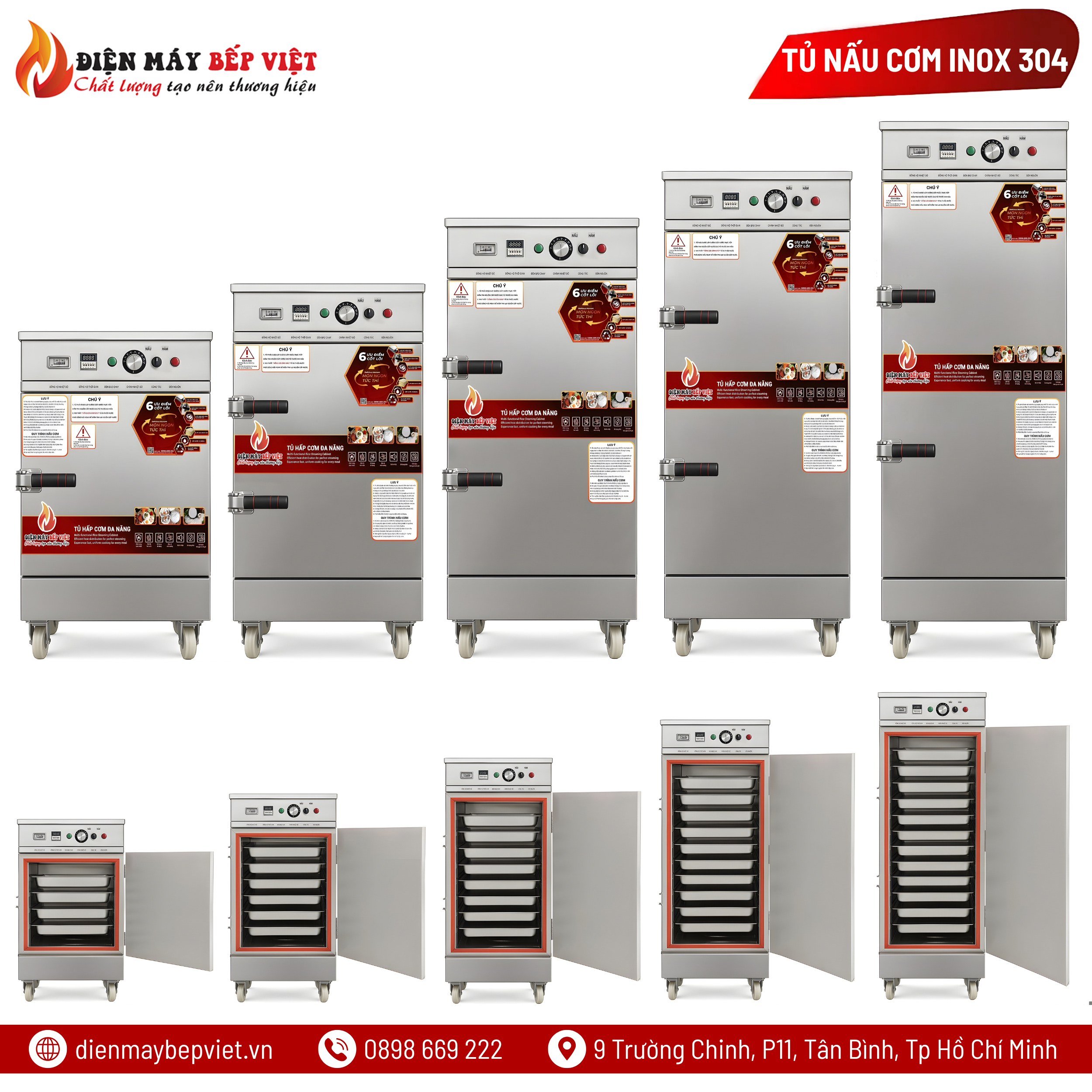 Tủ Cơm 12 Khay Điện Gas Inox 304 Cao Cấp