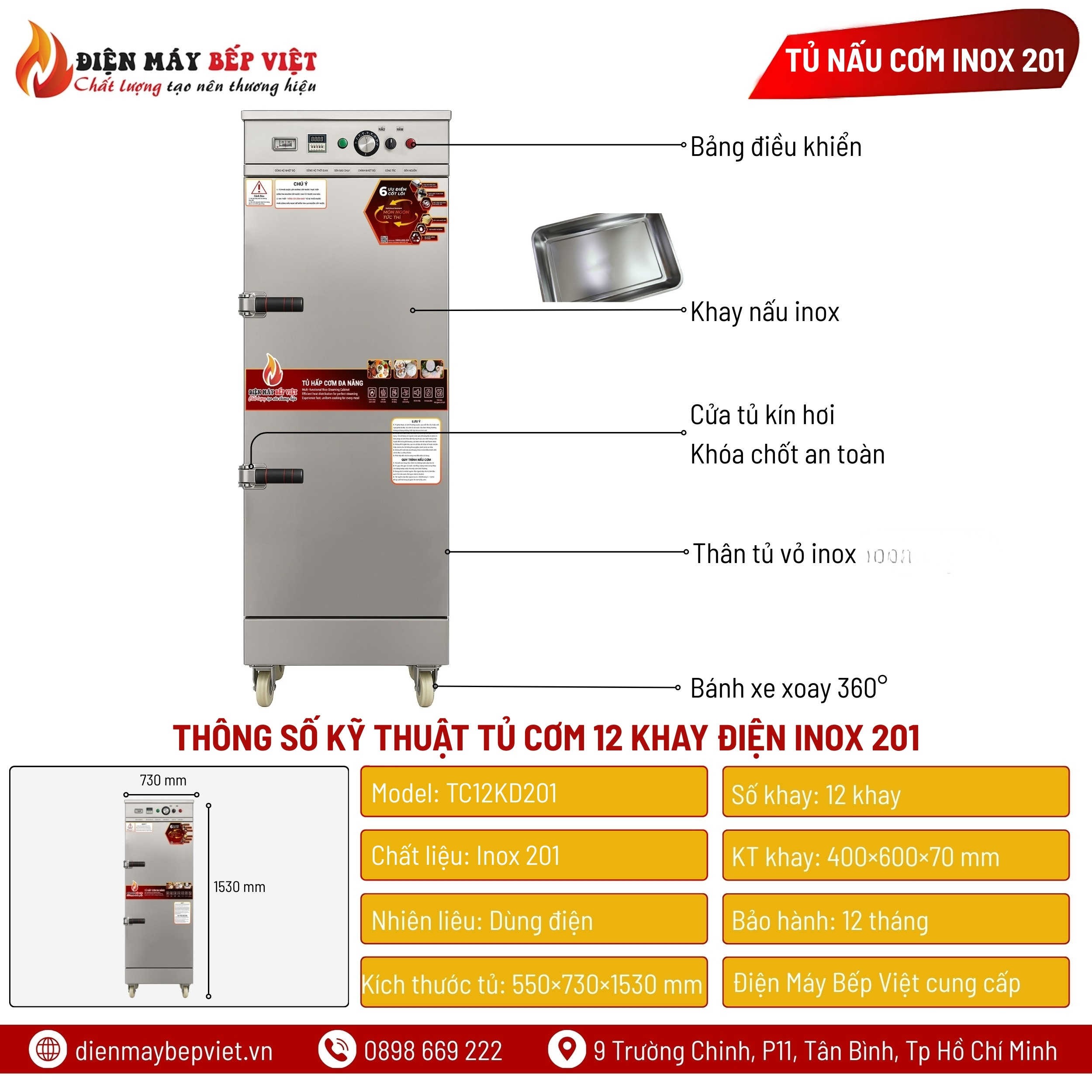 Tủ Cơm 12 Khay Điện Inox 201