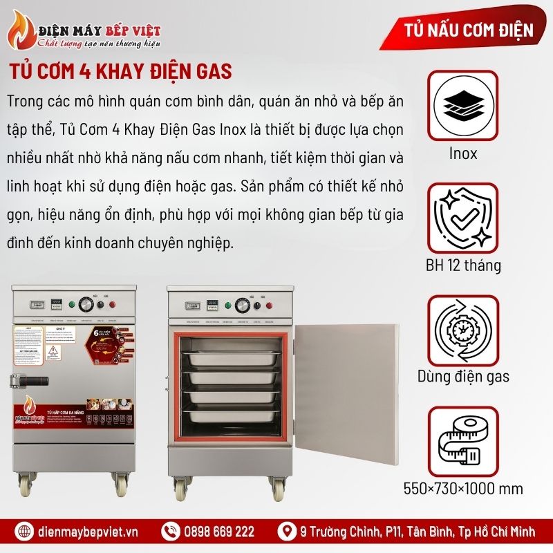 Tủ Cơm 4 Khay Điện Gas