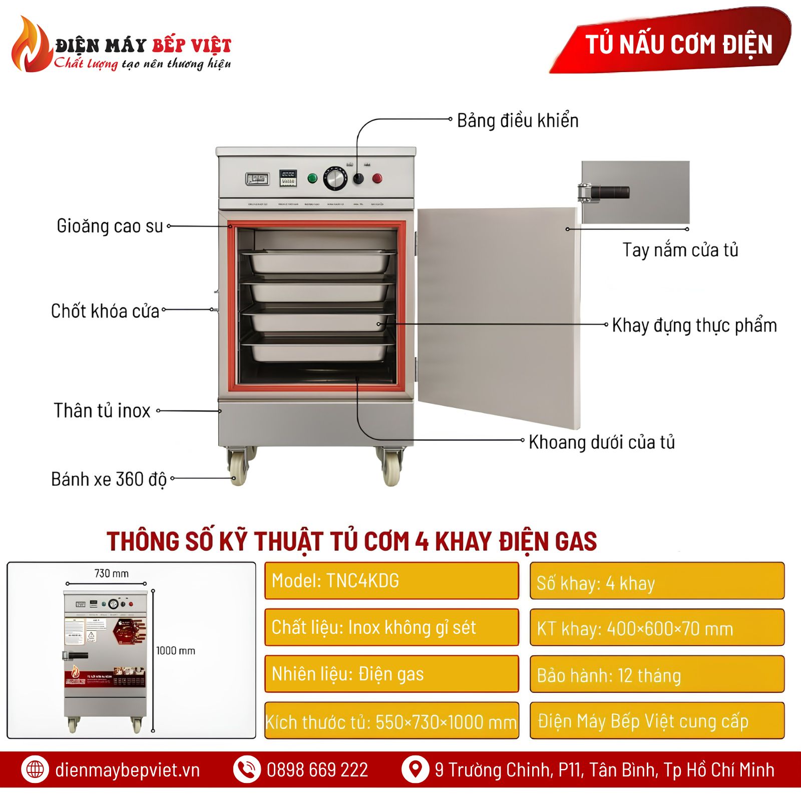 Tủ Cơm 4 Khay Điện Gas