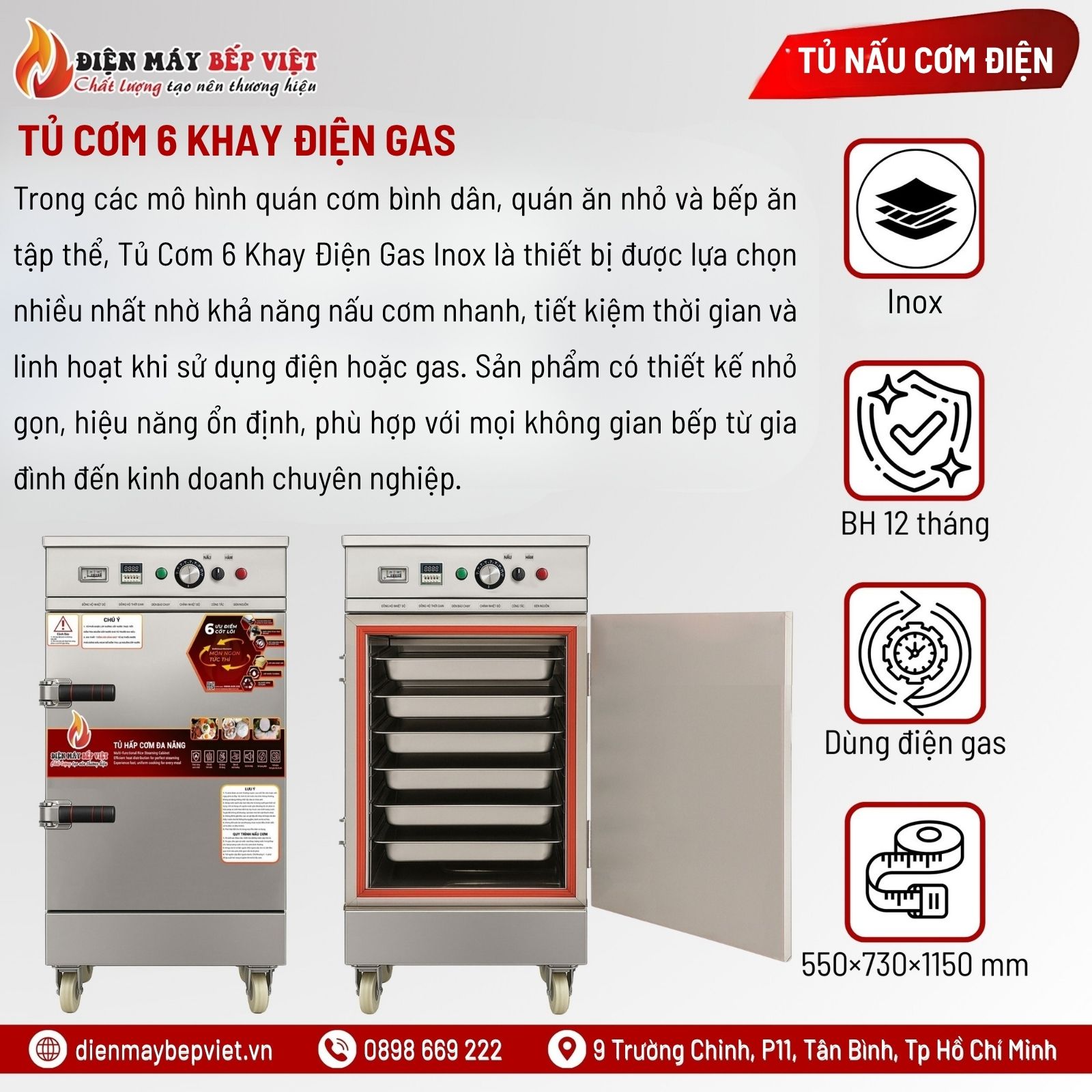 Tủ Cơm 6 Khay Điện Gas