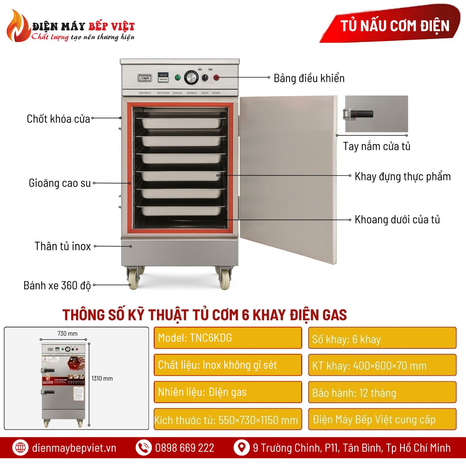 Tủ Cơm 6 Khay Điện Gas