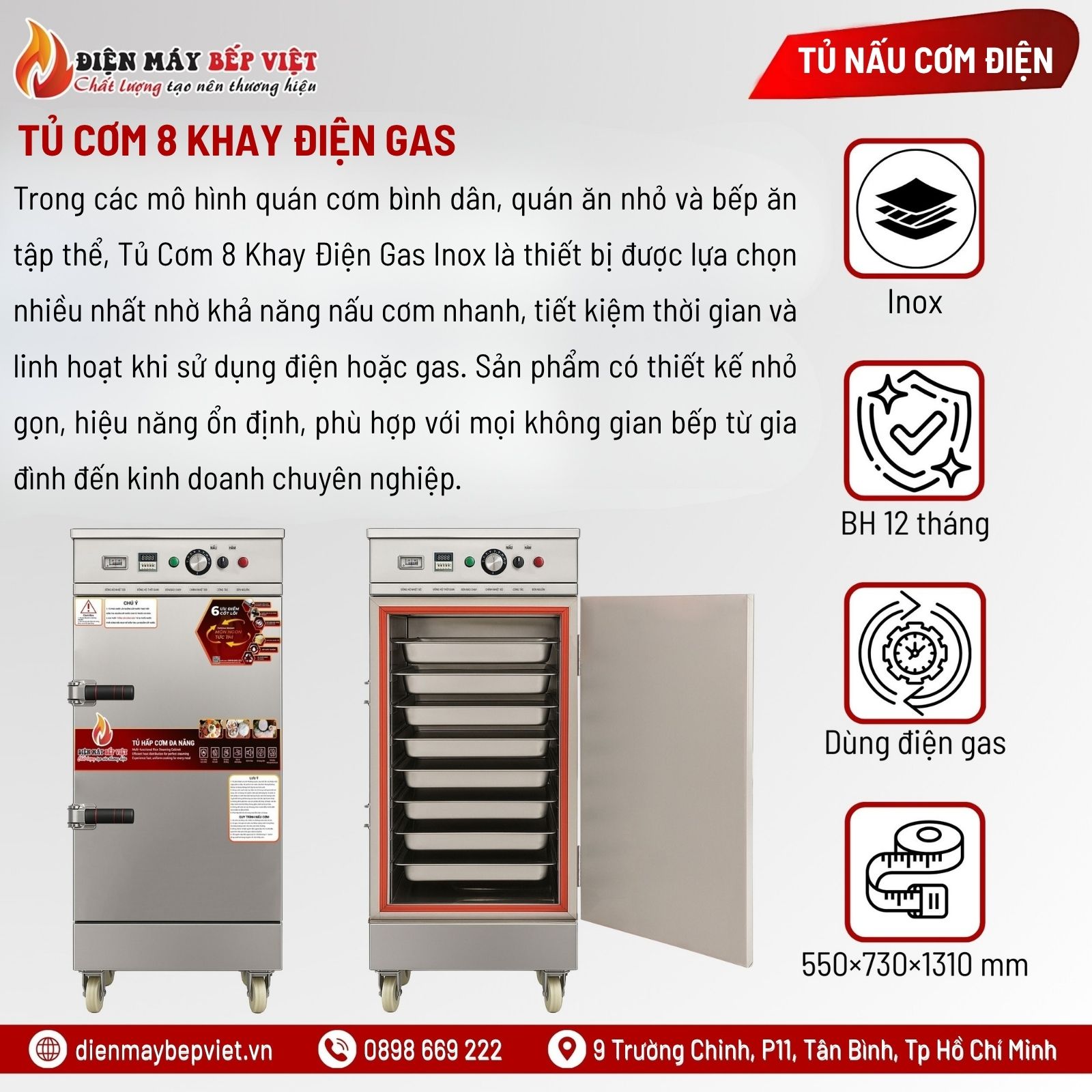 Tủ Cơm 8 Khay Điện Gas