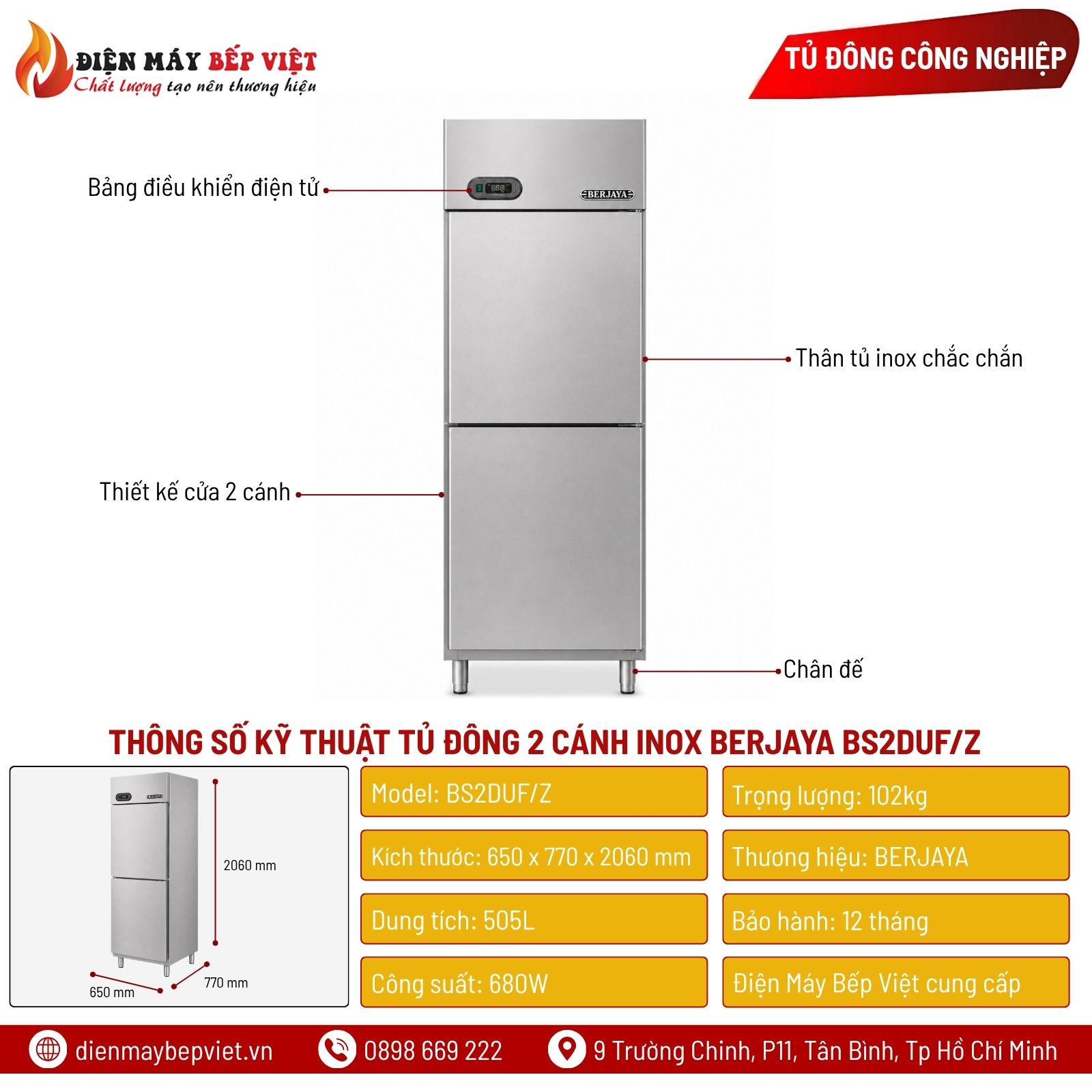Tủ Đông 2 Cánh Inox Berjaya BS2DUF/Z