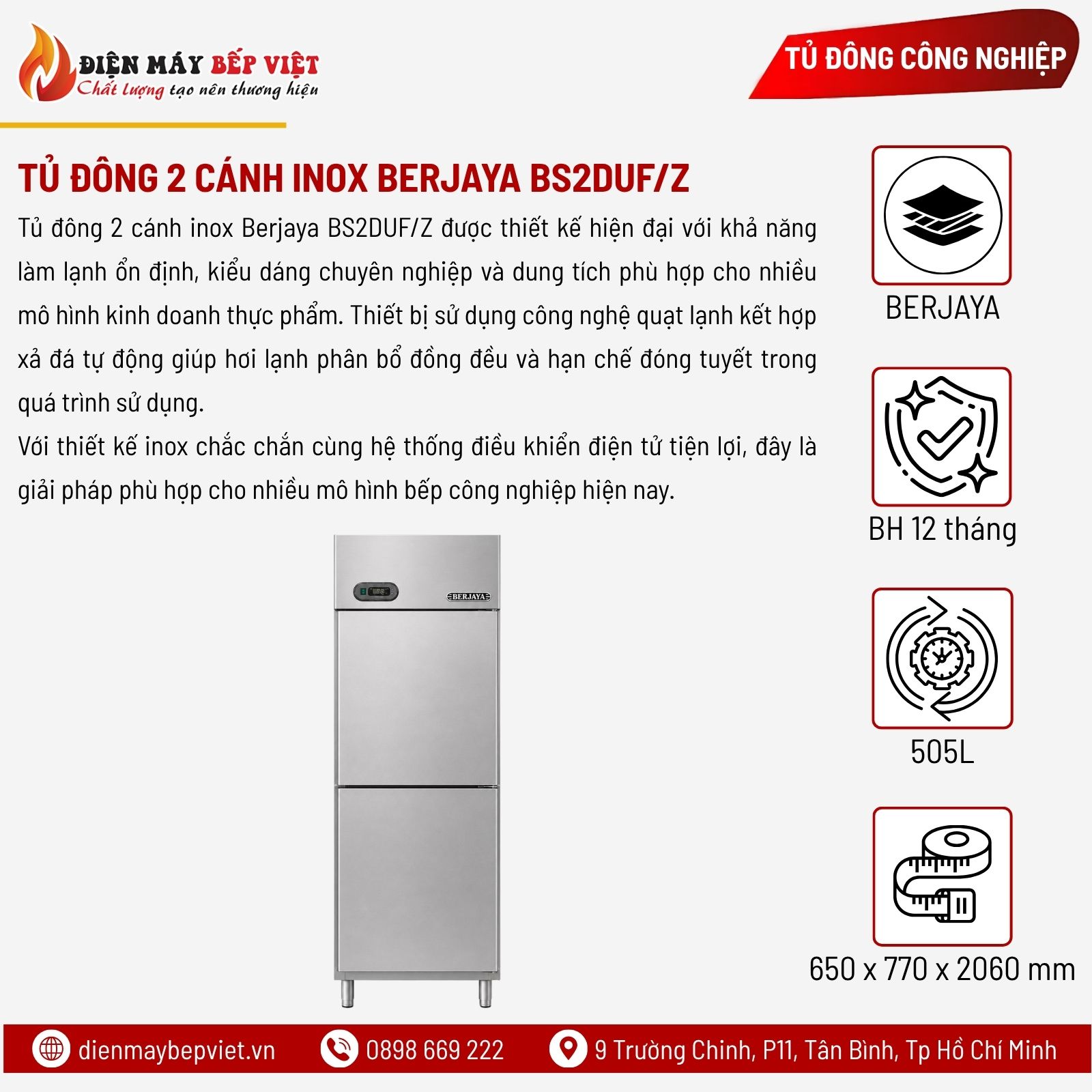 Tủ Đông 2 Cánh Inox Berjaya BS2DUF/Z
