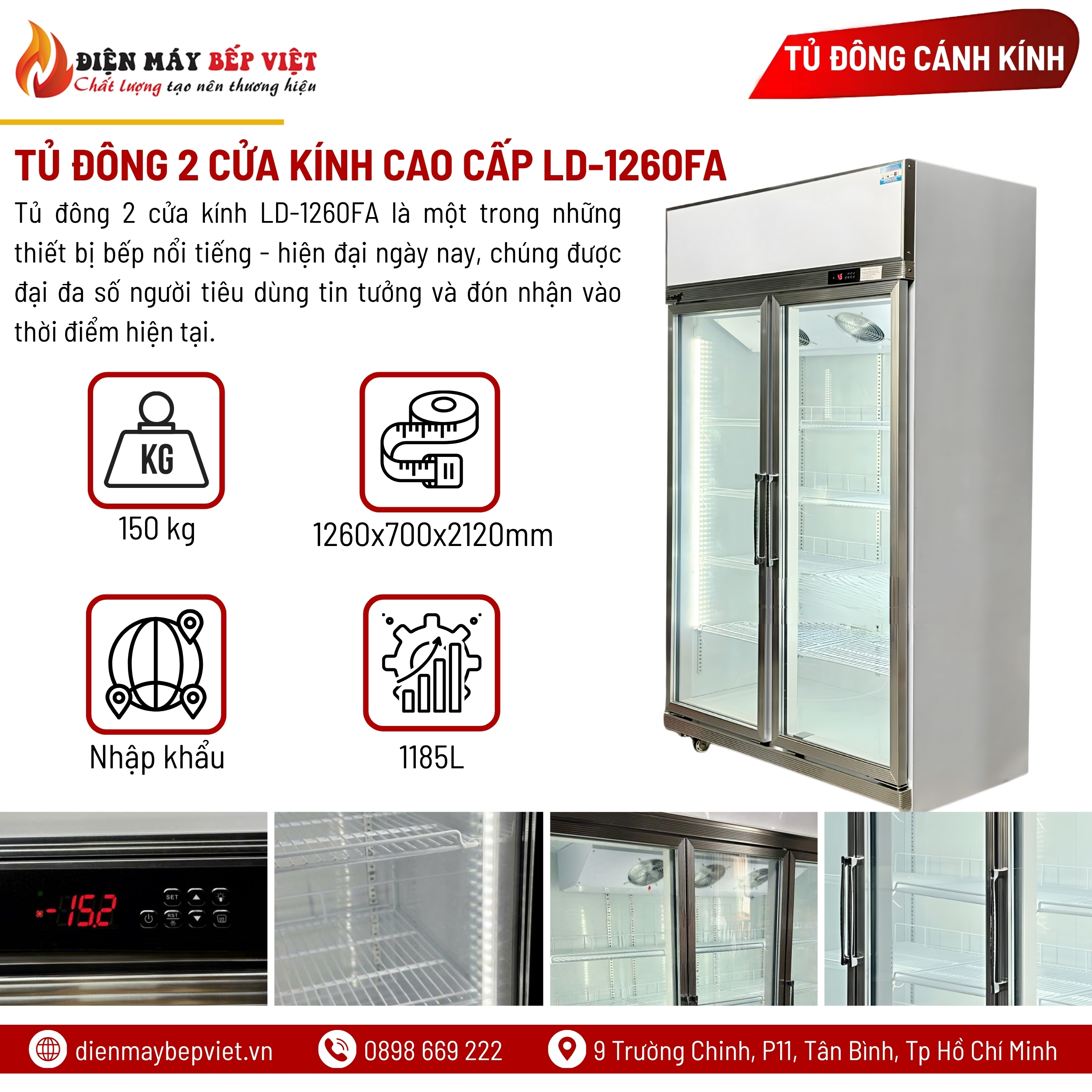 Tủ Đông 2 Cửa Kính Cao Cấp LD-1260FA