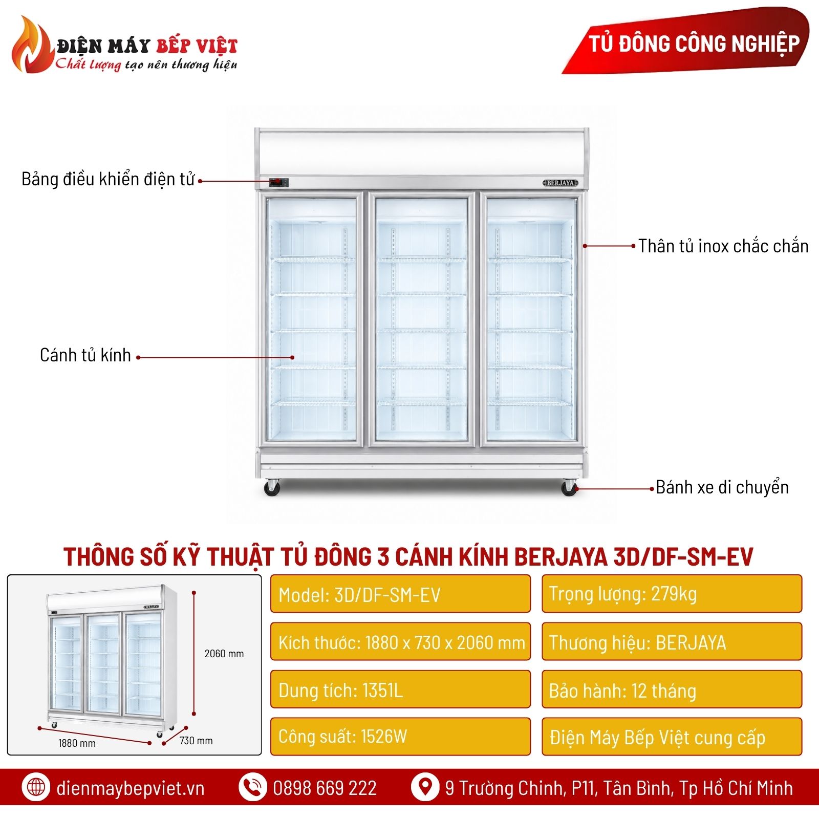 Tủ Đông 3 Cánh Kính Berjaya 3D/DF-SM-EV