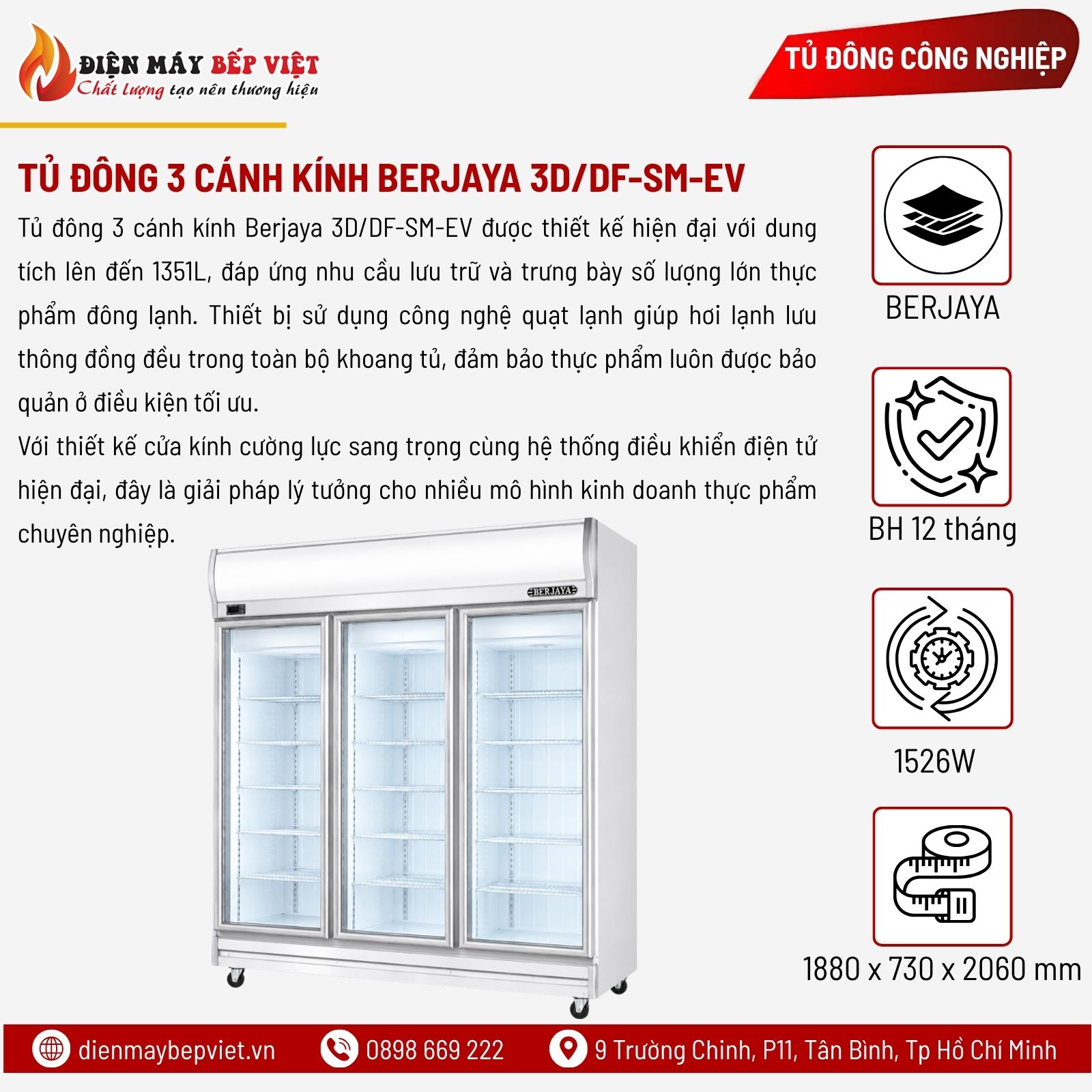 Tủ Đông 3 Cánh Kính Berjaya 3D/DF-SM-EV