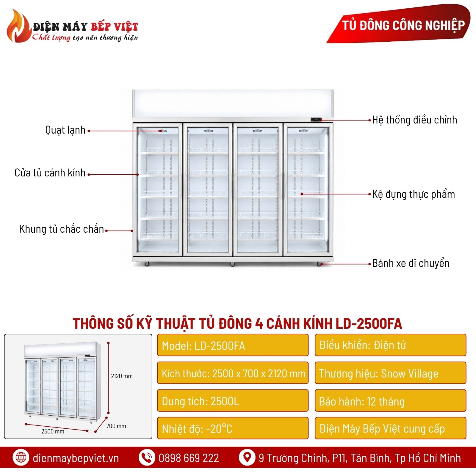 Tủ Đông 4 Cánh Kính Cao Cấp Quạt Lạnh Snow Village LD-2500FA