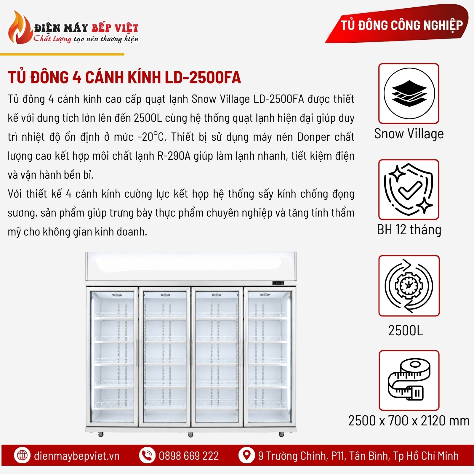 Tủ Đông 4 Cánh Kính Cao Cấp Quạt Lạnh Snow Village LD-2500FA