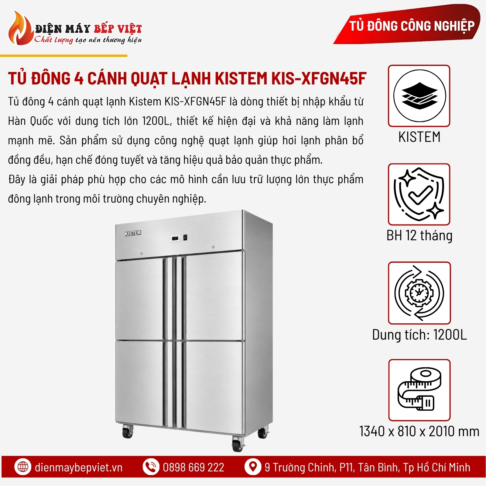 Tủ Đông 4 Cánh Quạt Lạnh Kistem KIS-XFGN45F