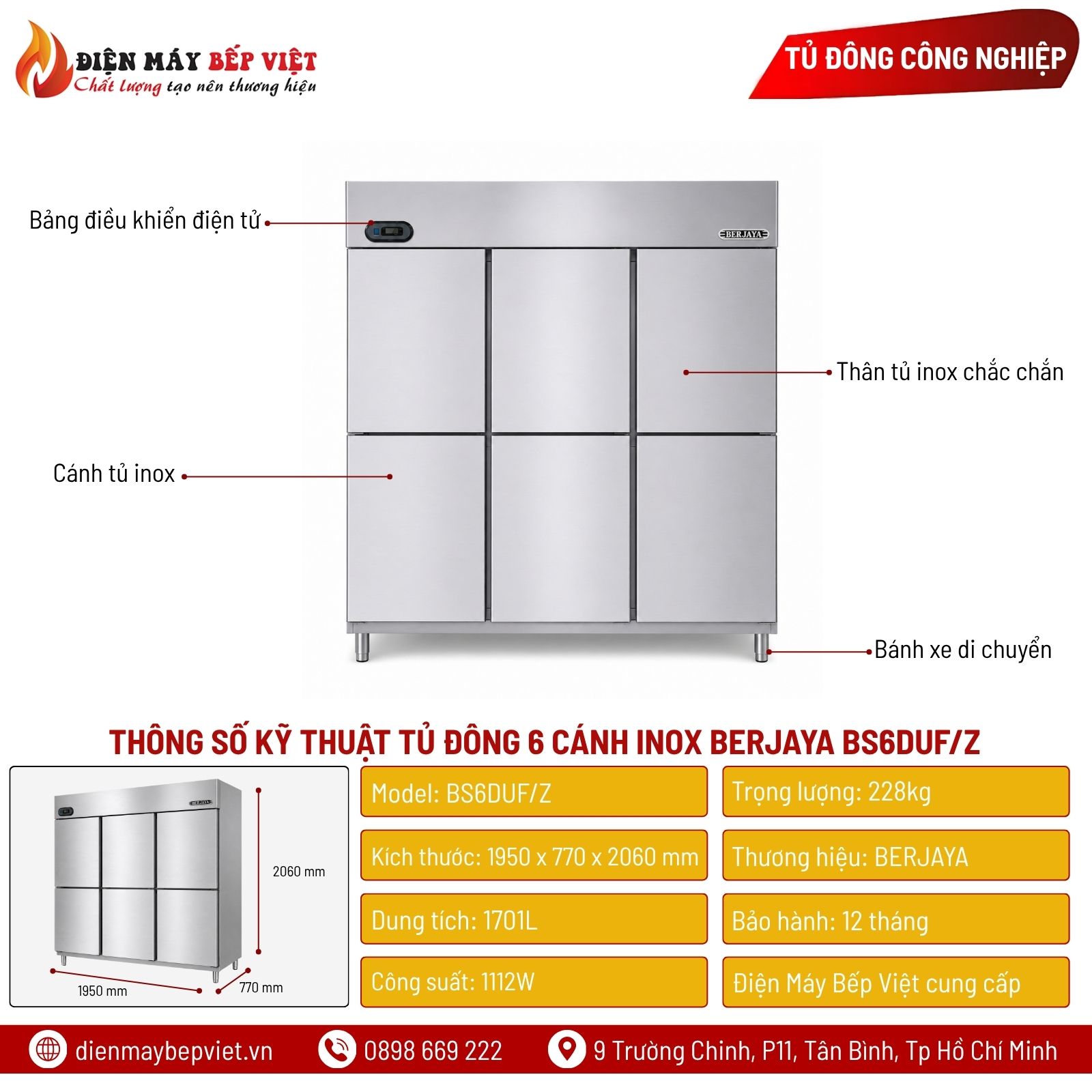 Tủ Đông 6 Cánh Inox Berjaya BS6DUF/Z