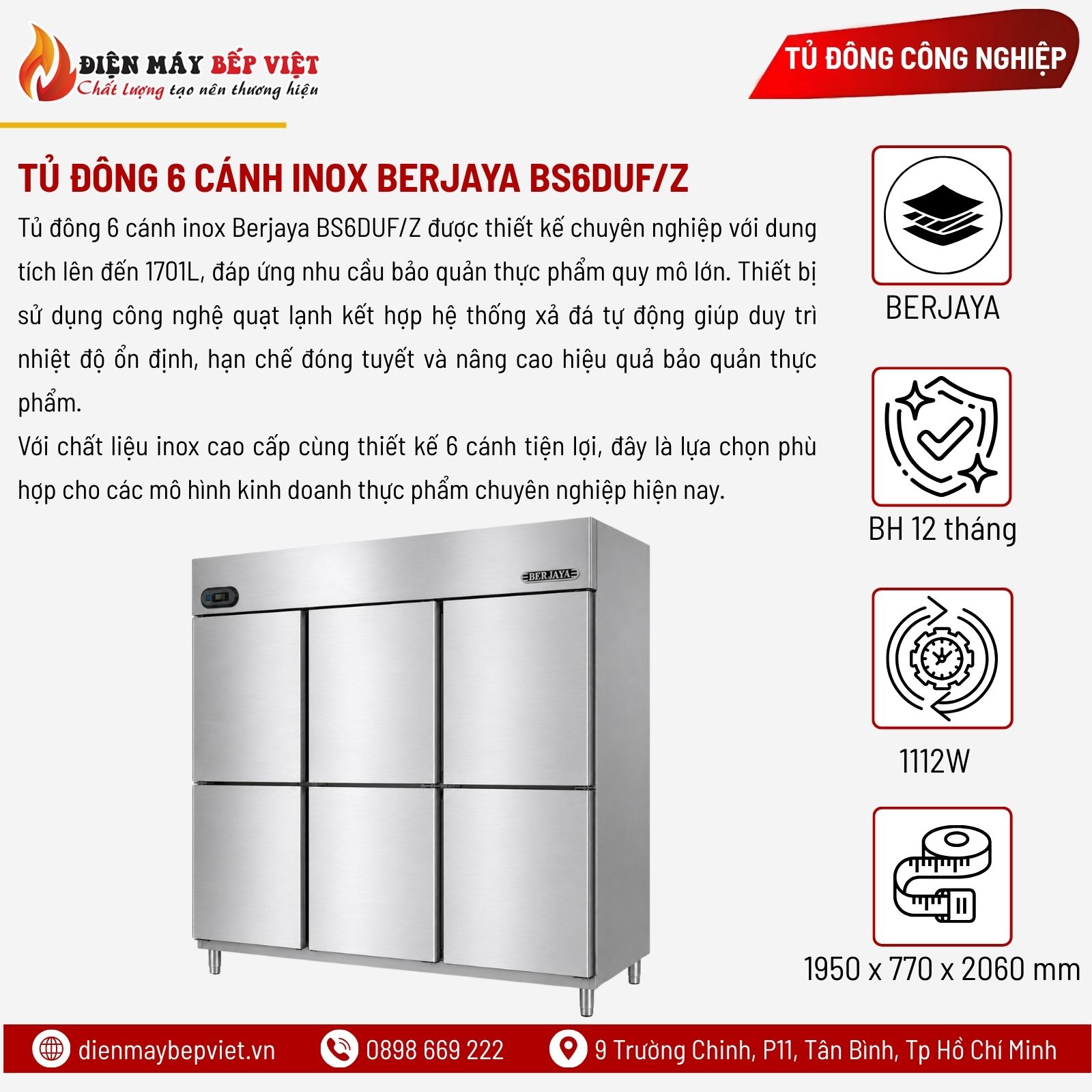Tủ Đông 6 Cánh Inox Berjaya BS6DUF/Z