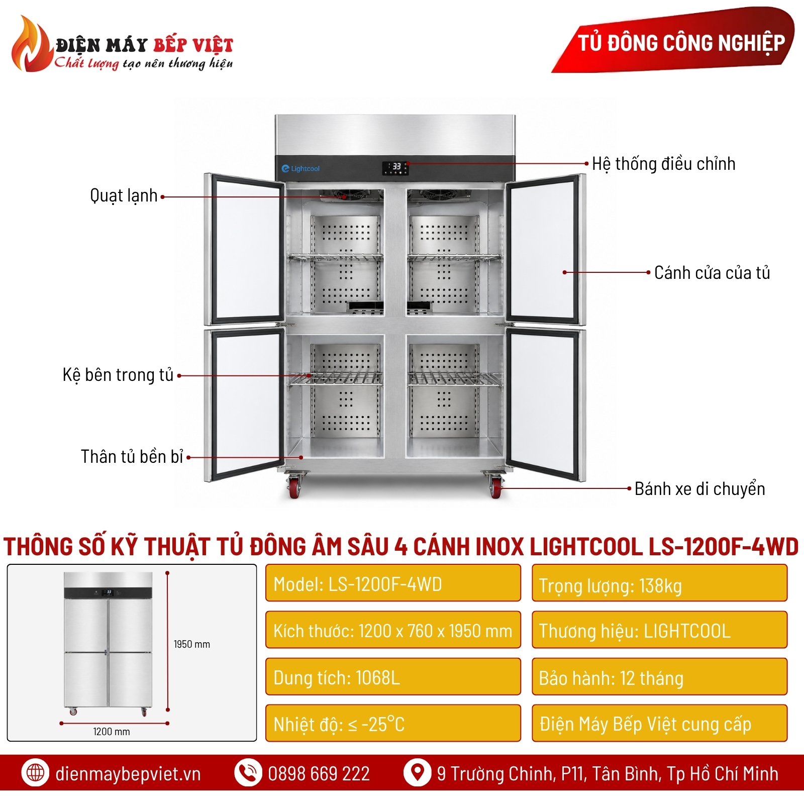 Tủ Đông Âm Sâu 4 Cánh Inox Lightcool LS-1200F-4WD