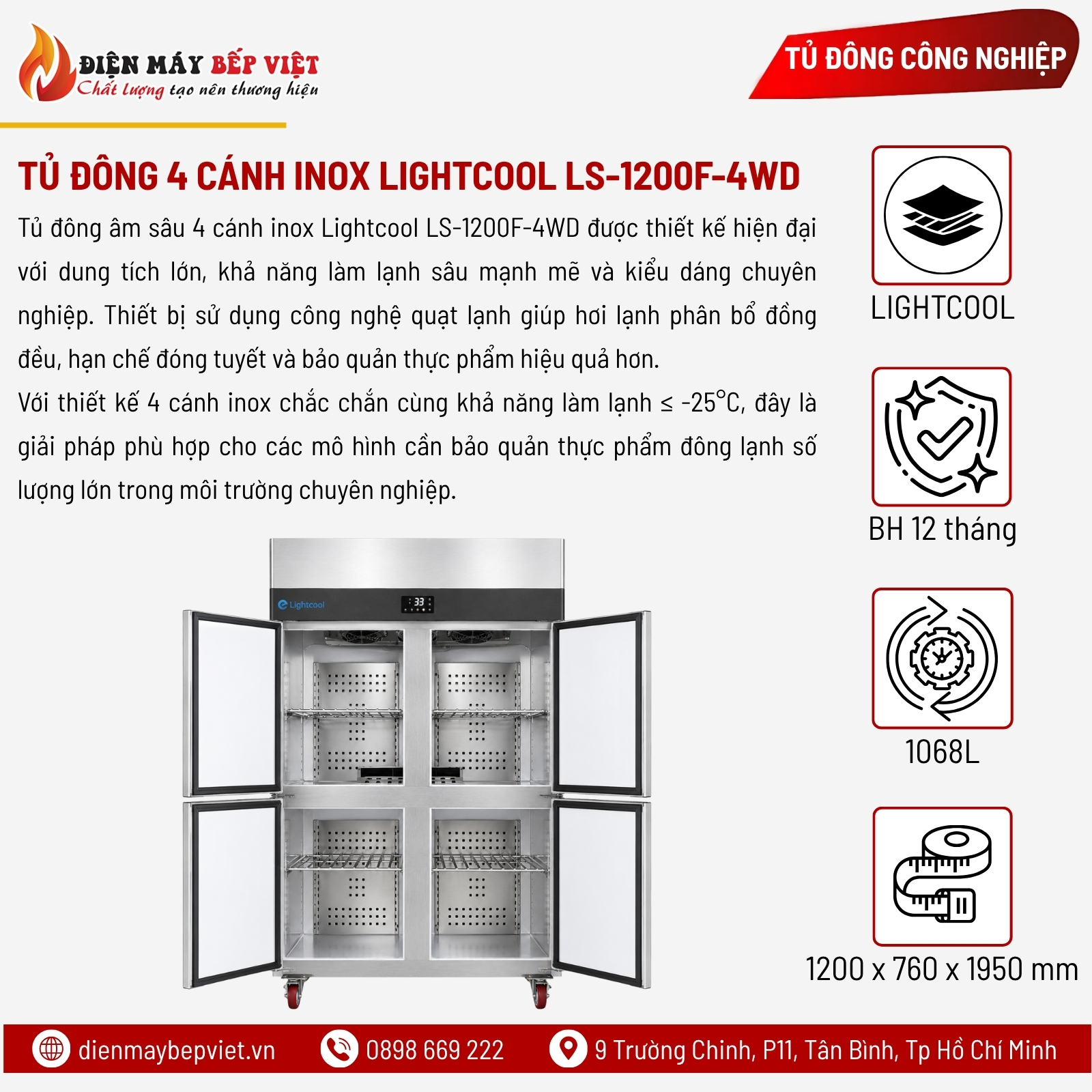 Tủ Đông Âm Sâu 4 Cánh Inox Lightcool LS-1200F-4WD