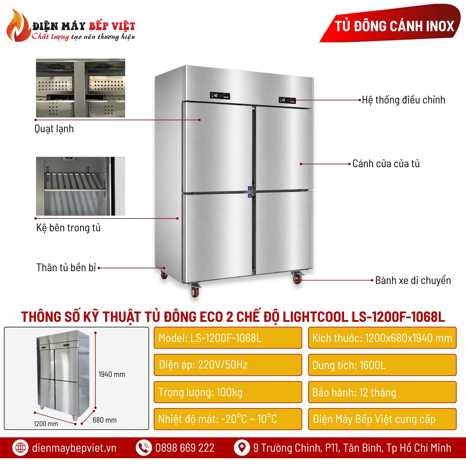 Tủ Đông ECO 2 Chế Độ 4 Cánh Lightcool LS-1200F-1068L