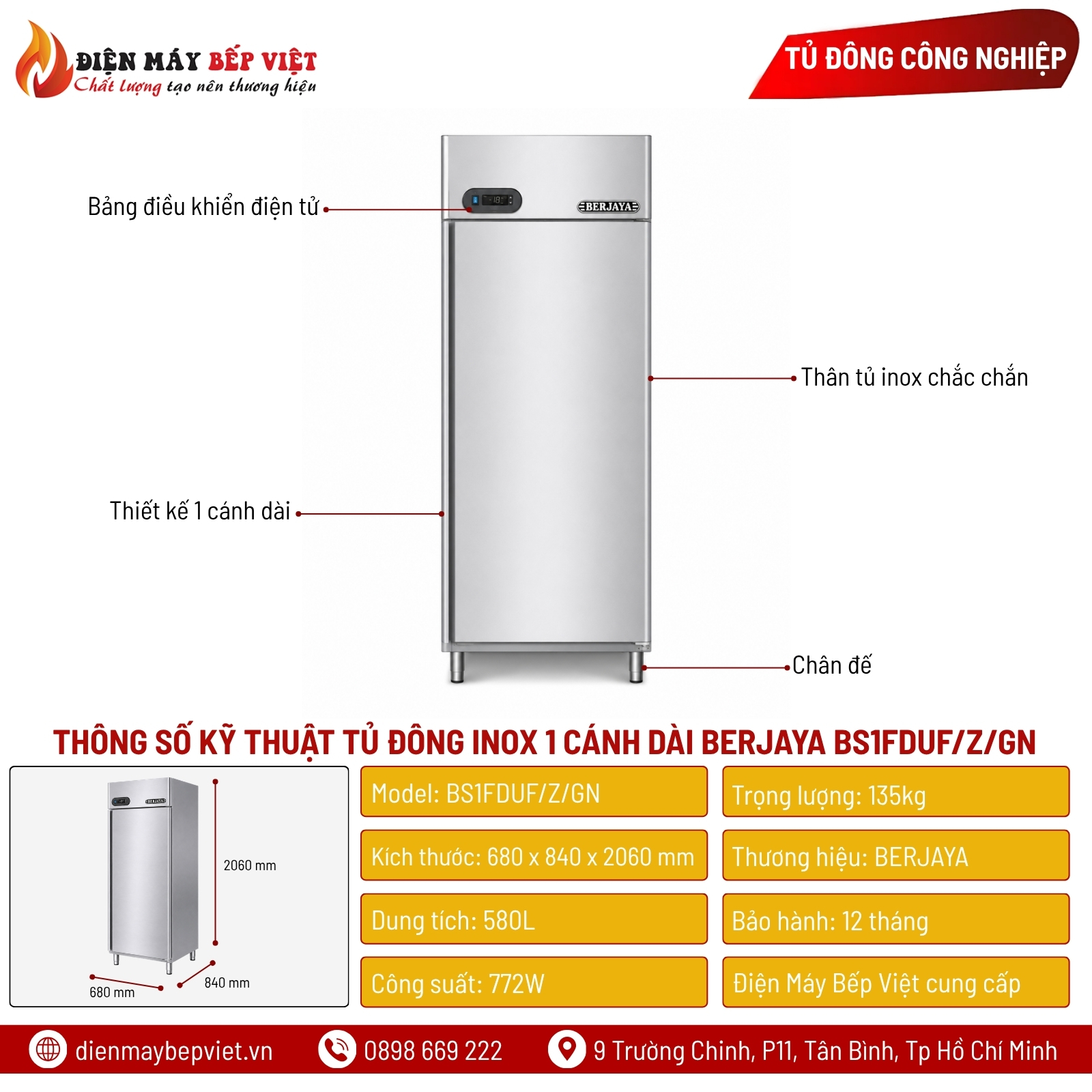 Tủ Đông Inox 1 Cánh Dài Berjaya BS1FDUF/Z/GN