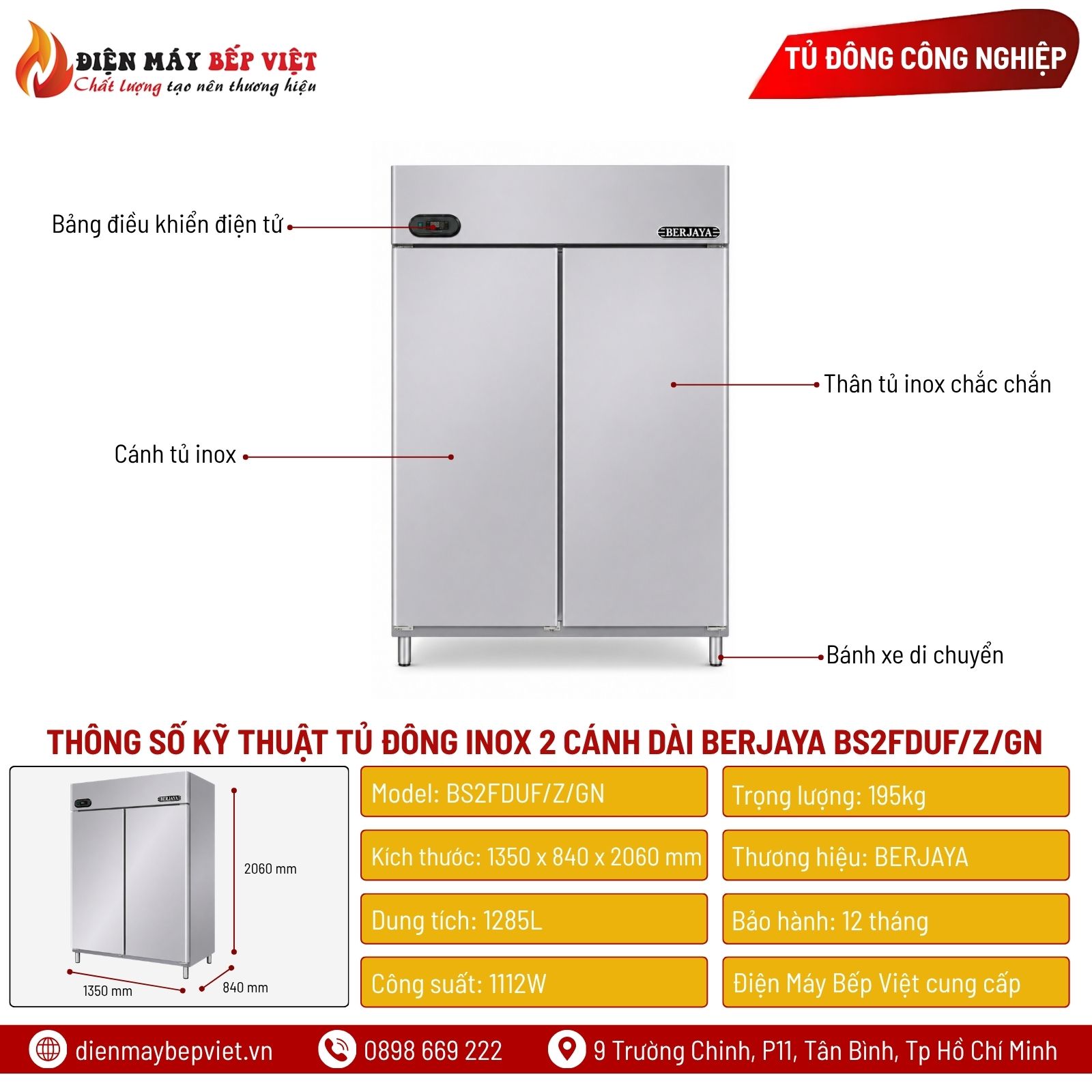 Tủ Đông Inox 2 Cánh Dài Berjaya BS2FDUF/Z/GN