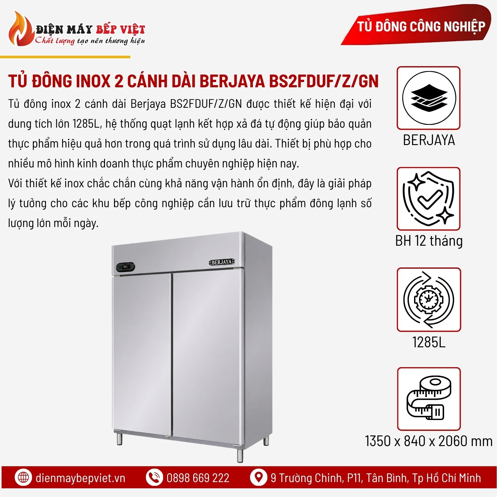 Tủ Đông Inox 2 Cánh Dài Berjaya BS2FDUF/Z/GN