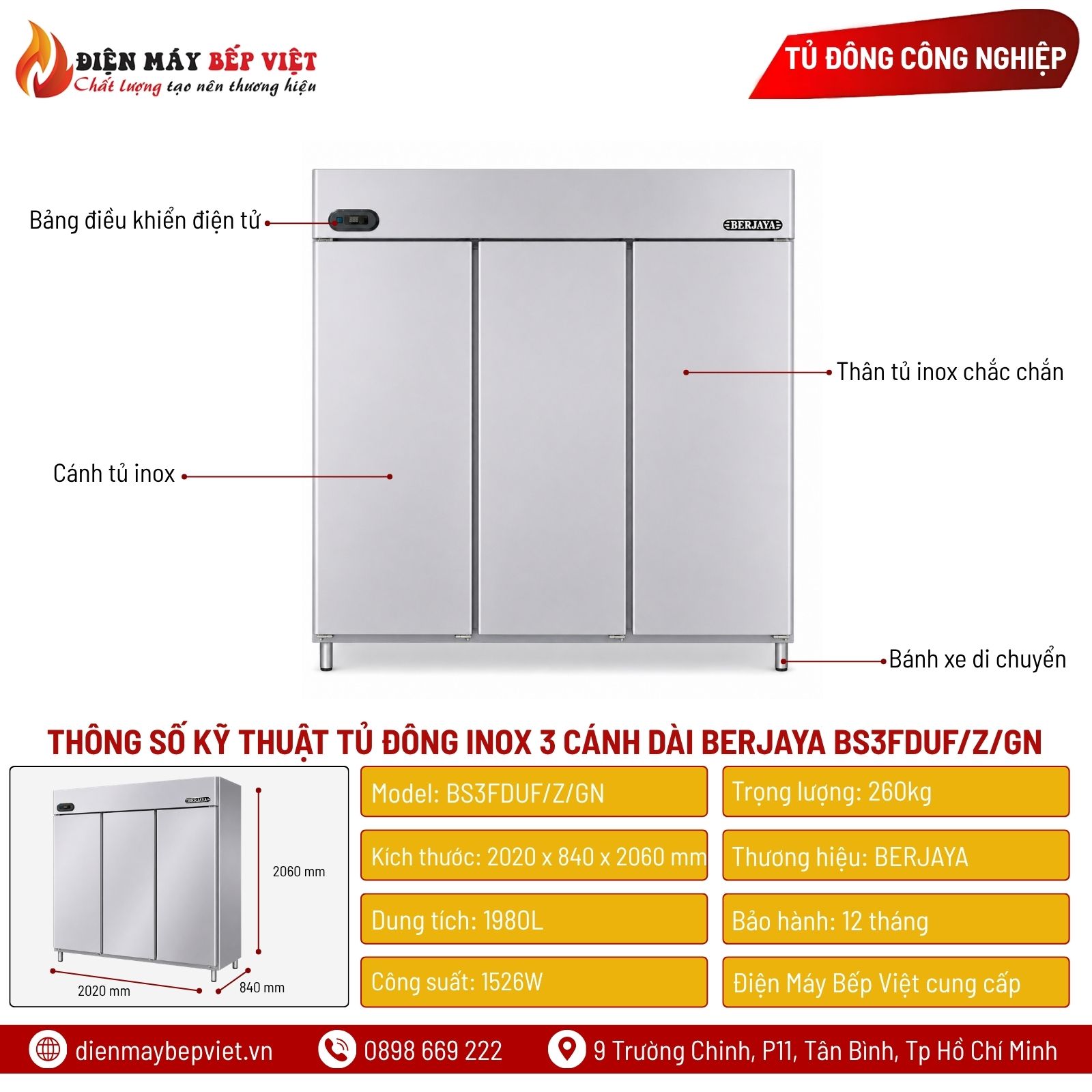 Tủ Đông Inox 3 Cánh Dài Berjaya BS3FDUF/Z/GN