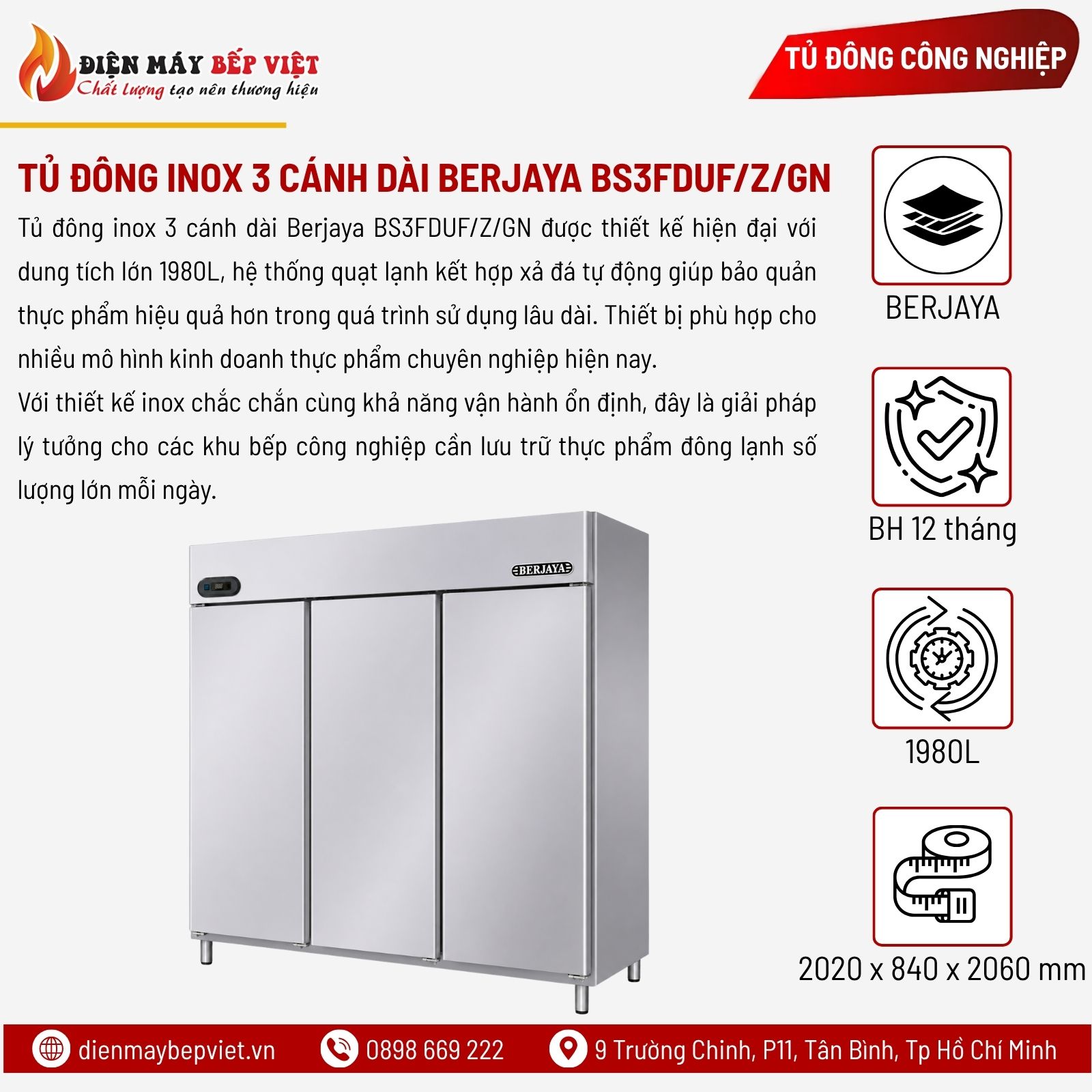 Tủ Đông Inox 3 Cánh Dài Berjaya BS3FDUF/Z/GN