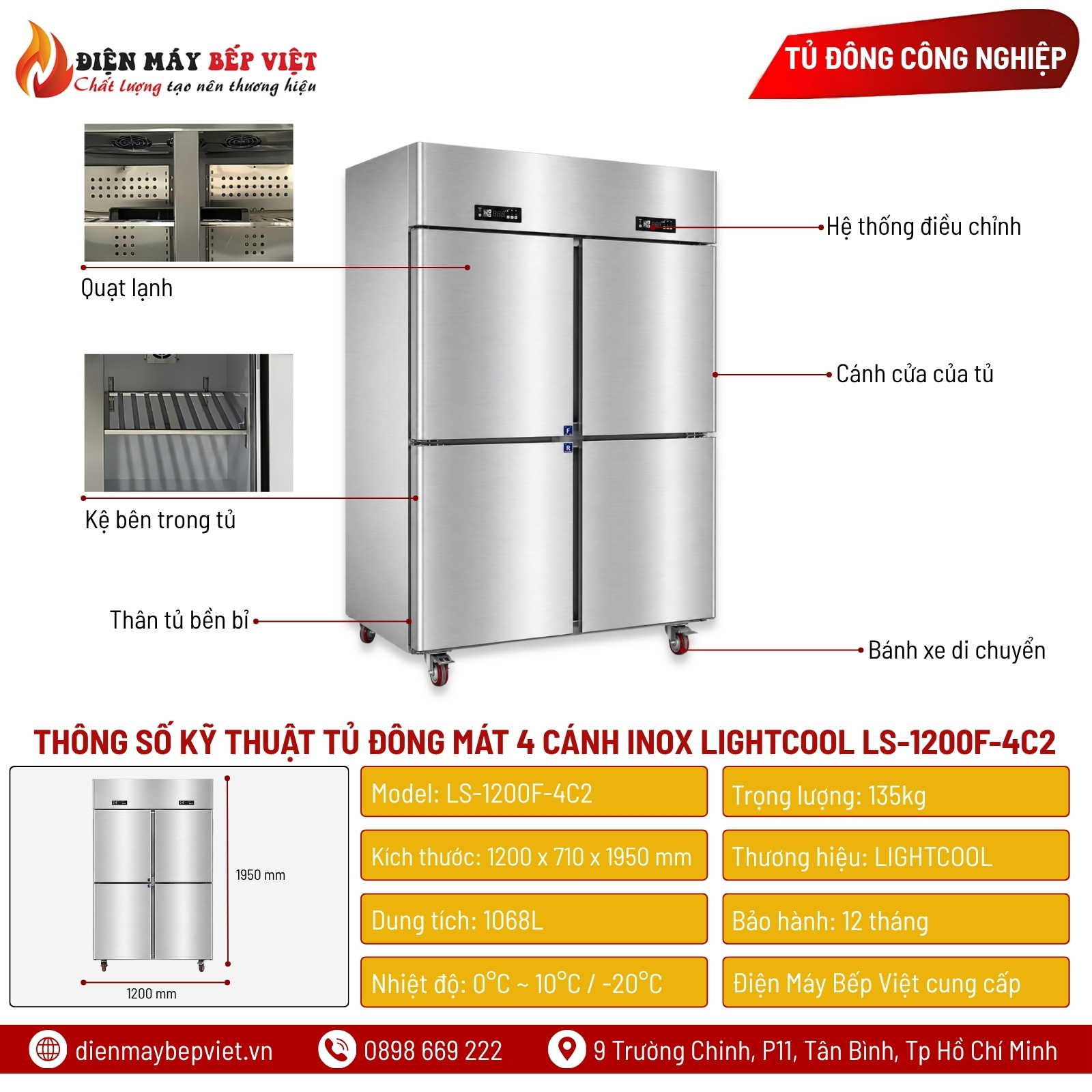 Tủ Đông Mát 2 Chế Độ Quạt Lạnh 4 Cánh Inox Lightcool LS-1200F-4C2