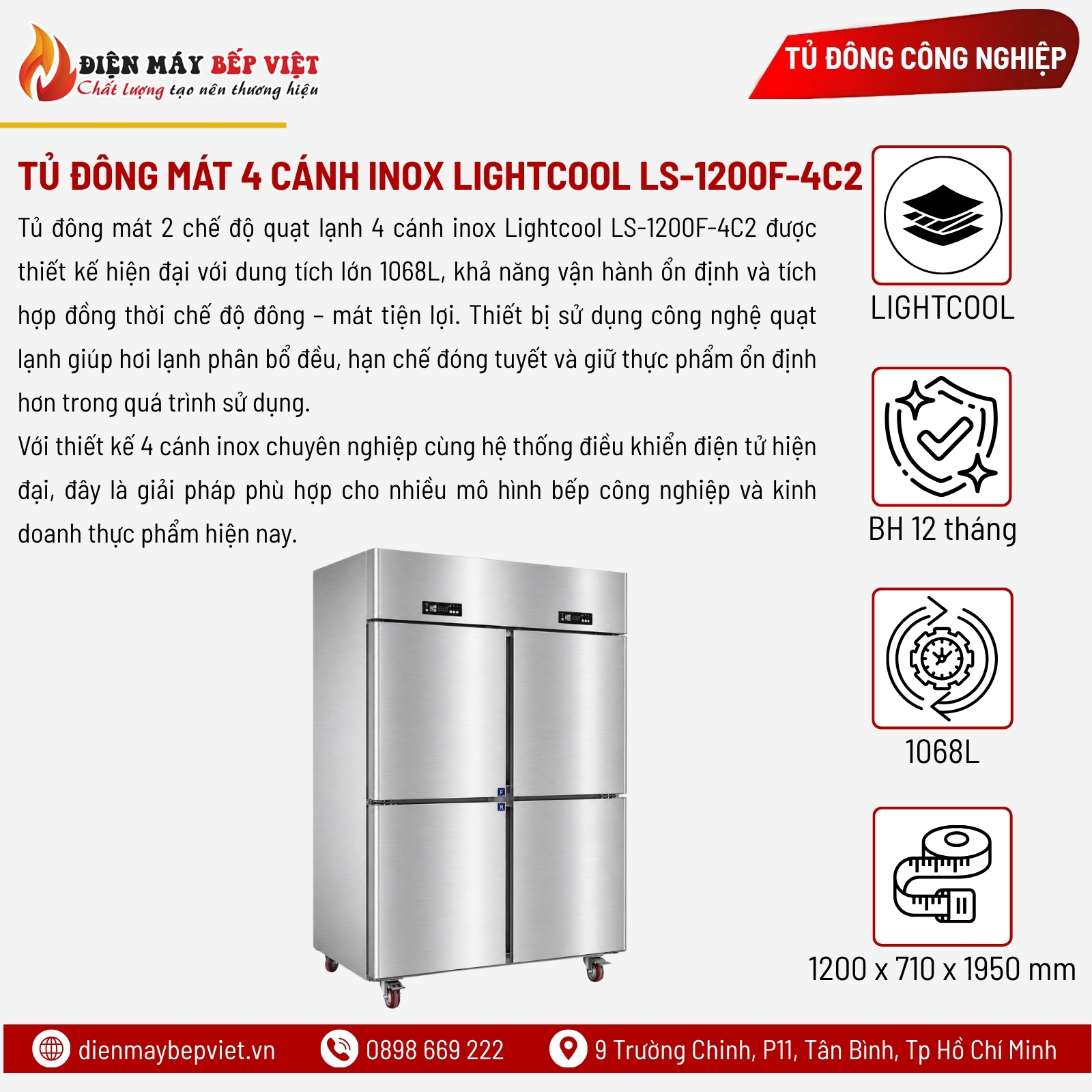 Tủ Đông Mát 2 Chế Độ Quạt Lạnh 4 Cánh Inox Lightcool LS-1200F-4C2
