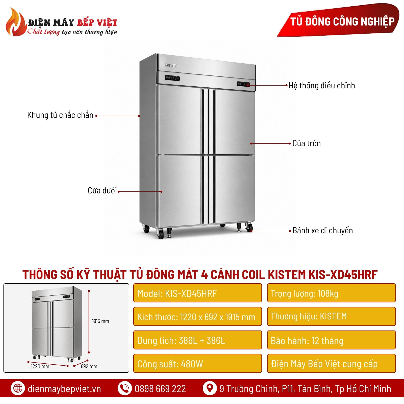 Tủ Đông Mát 4 Cánh Coil Kistem KIS-XD45HRF