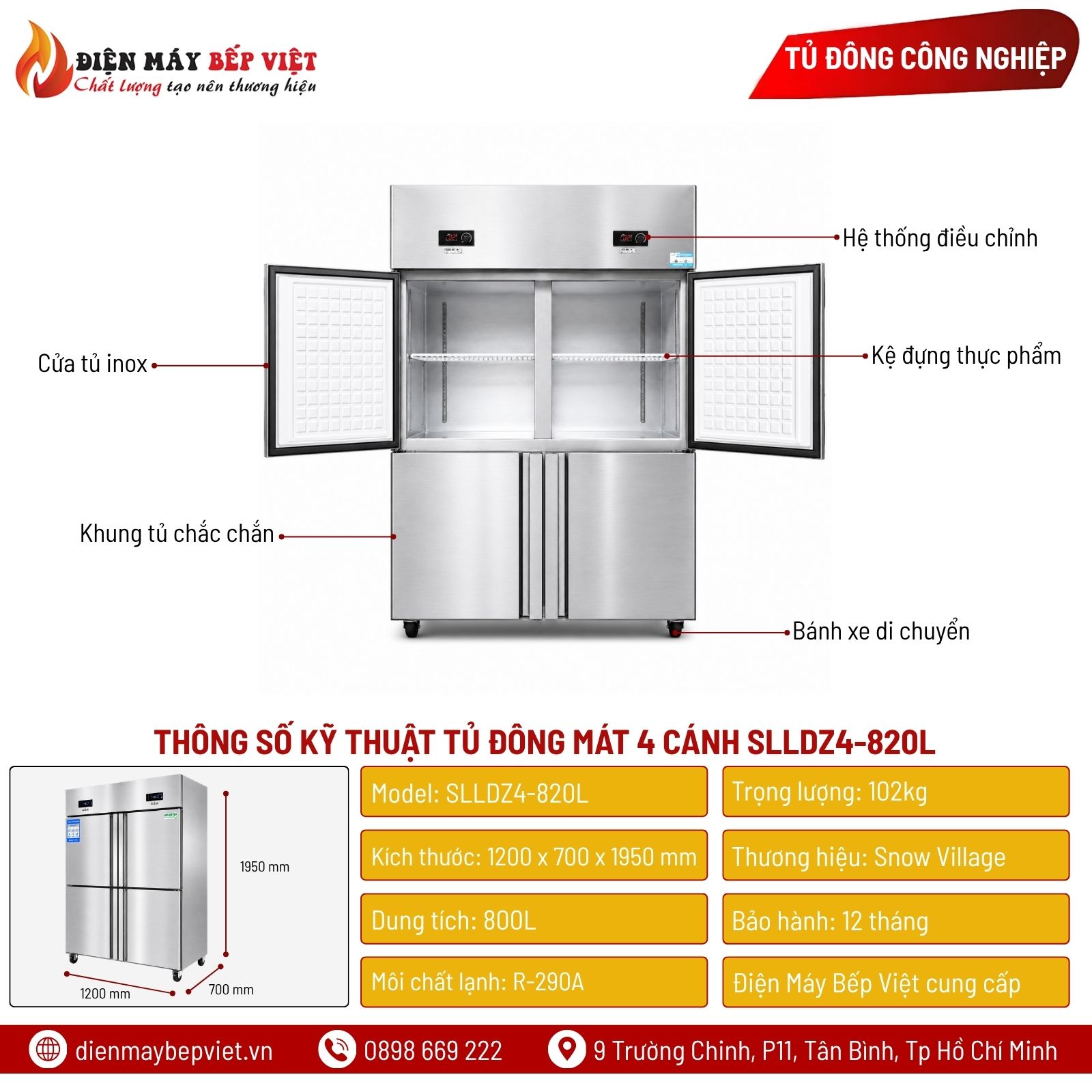 Tủ Đông Mát 4 Cánh Inox 2 Chế Độ Snow Village SLLDZ4-820L