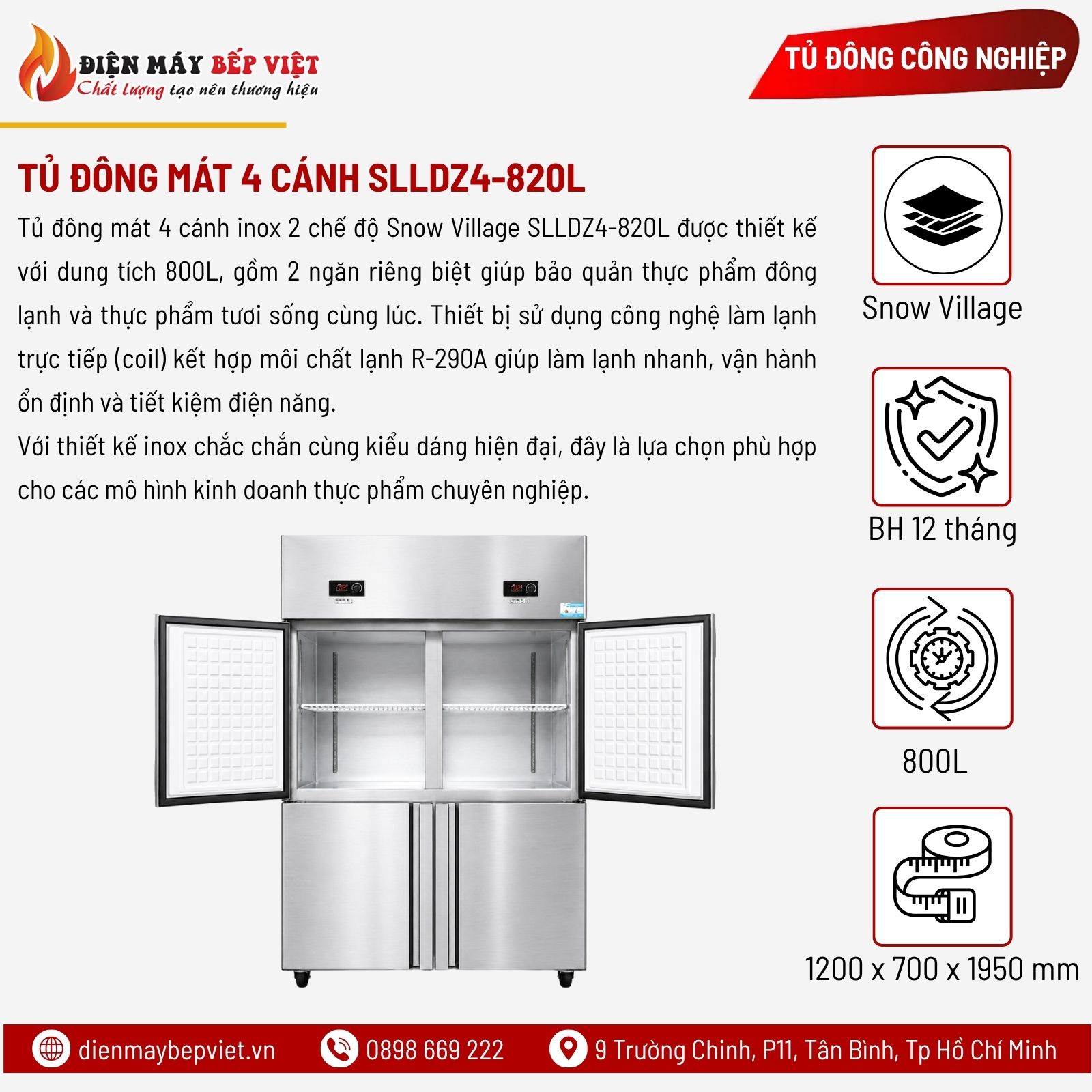 Tủ Đông Mát 4 Cánh Inox 2 Chế Độ Snow Village SLLDZ4-820L