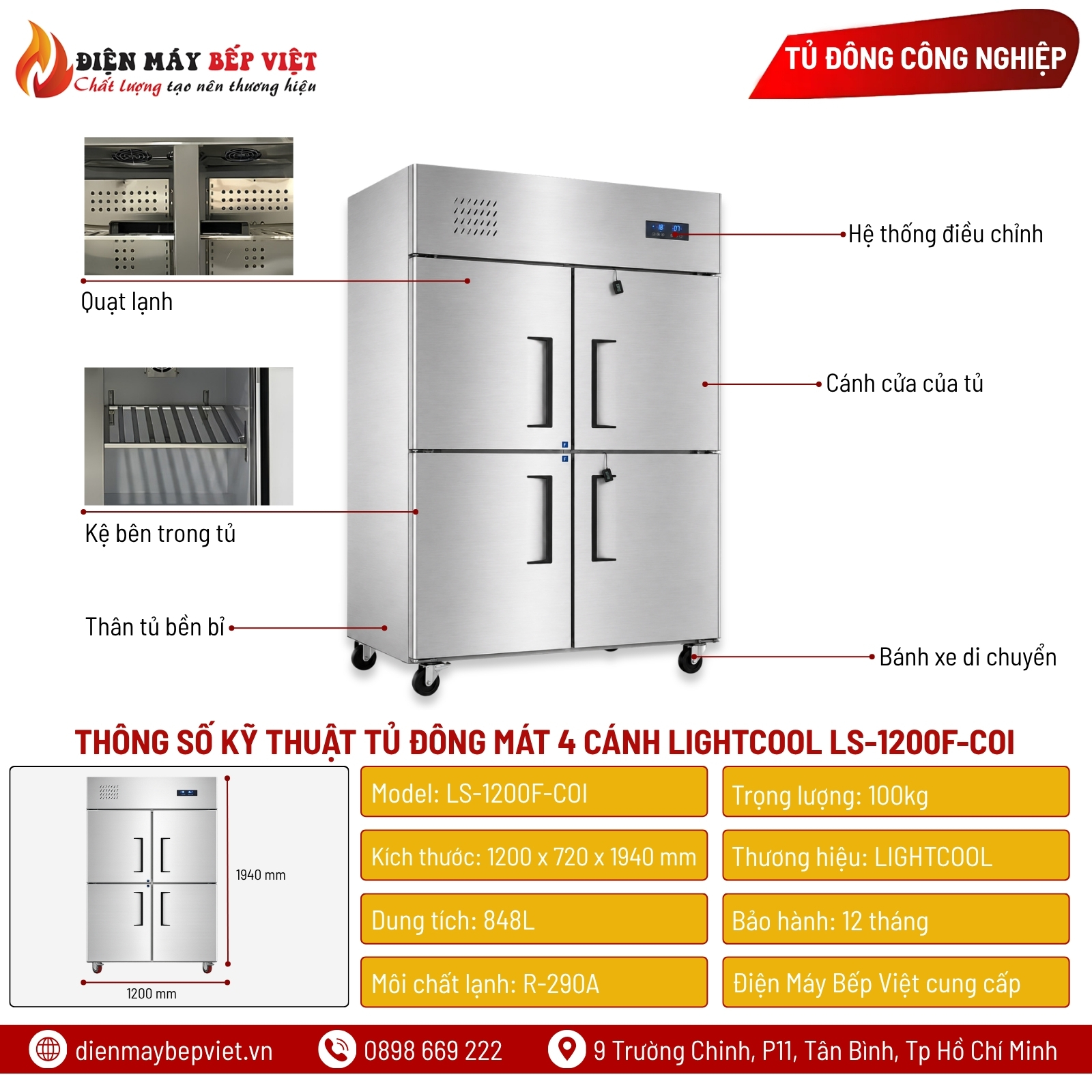 Tủ Đông Mát 4 Cánh Inox 201 Lạnh Trực Tiếp Lightcool LS-1200F-COI