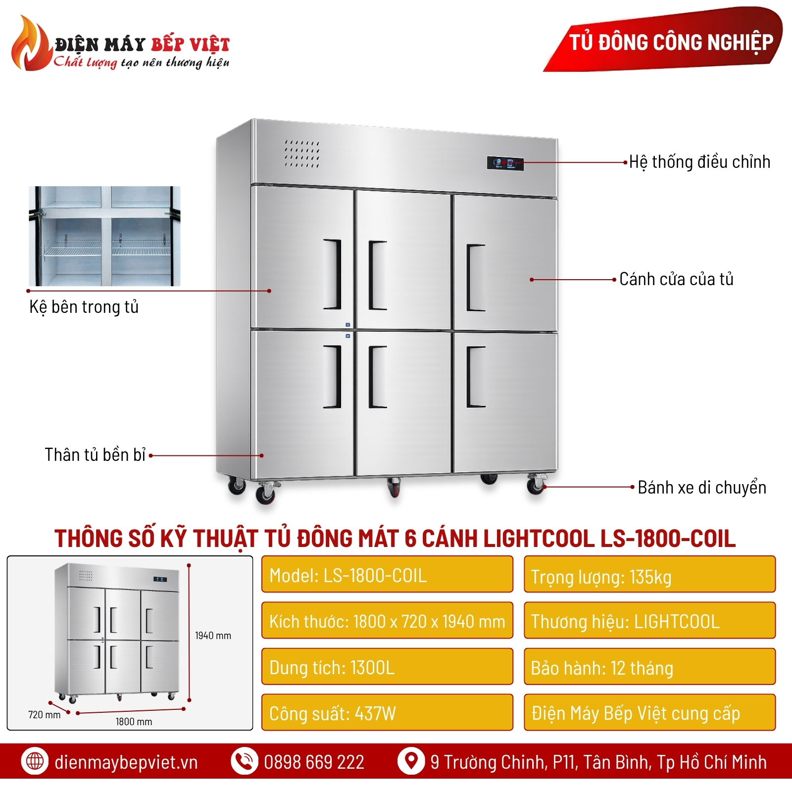 Tủ Đông Mát 6 Cánh Inox 201 Lạnh Trực Tiếp Lightcool LS-1800-COIL