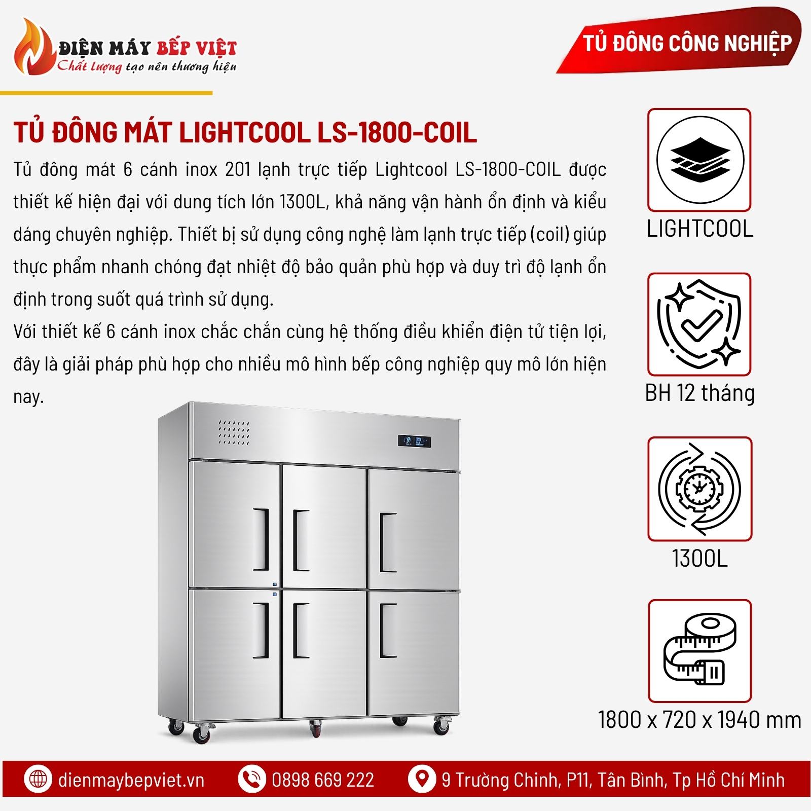 Tủ Đông Mát 6 Cánh Inox 201 Lạnh Trực Tiếp Lightcool LS-1800-COIL