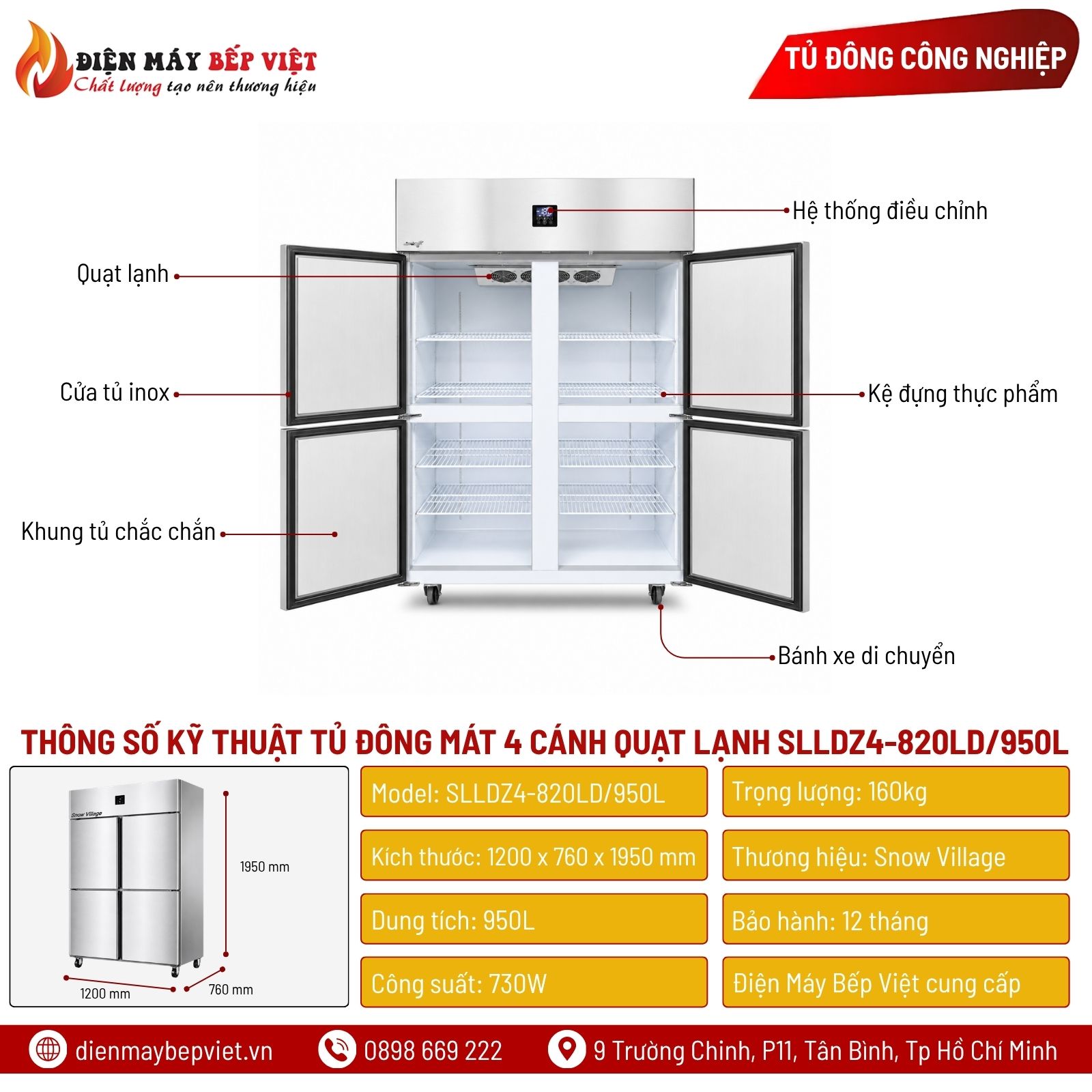 Tủ Đông Mát Inox 4 Cánh 950L Quạt Lạnh Snow Village SLLDZ4-820LD/950L