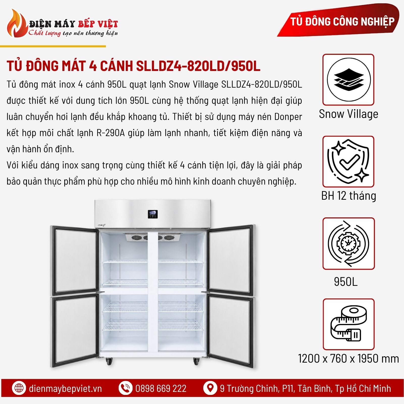 Tủ Đông Mát Inox 4 Cánh 950L Quạt Lạnh Snow Village SLLDZ4-820LD/950L