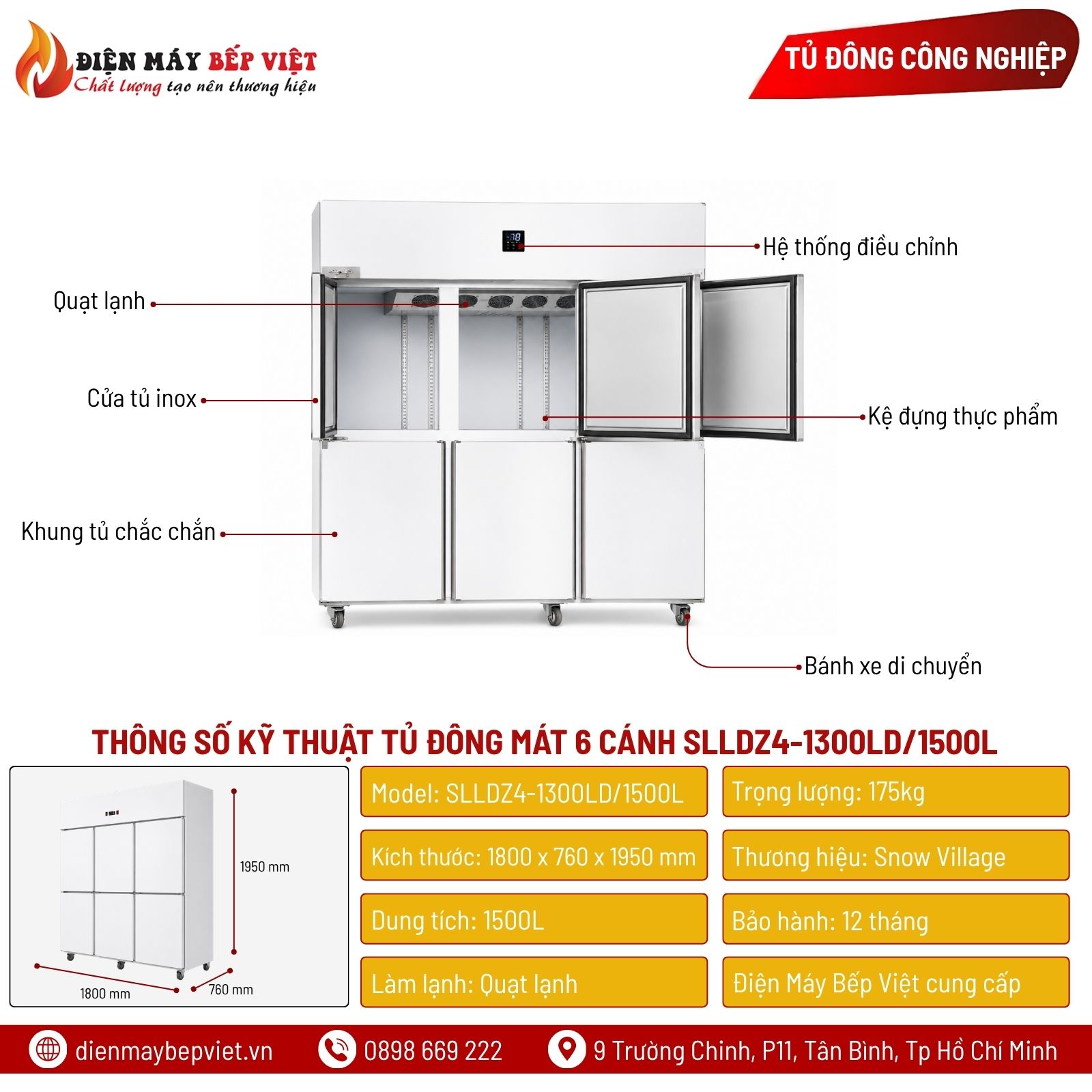 Tủ Đông Mát Inox 6 Cánh 1500L Quạt Lạnh Snow Village SLLDZ4-1300LD/1500L