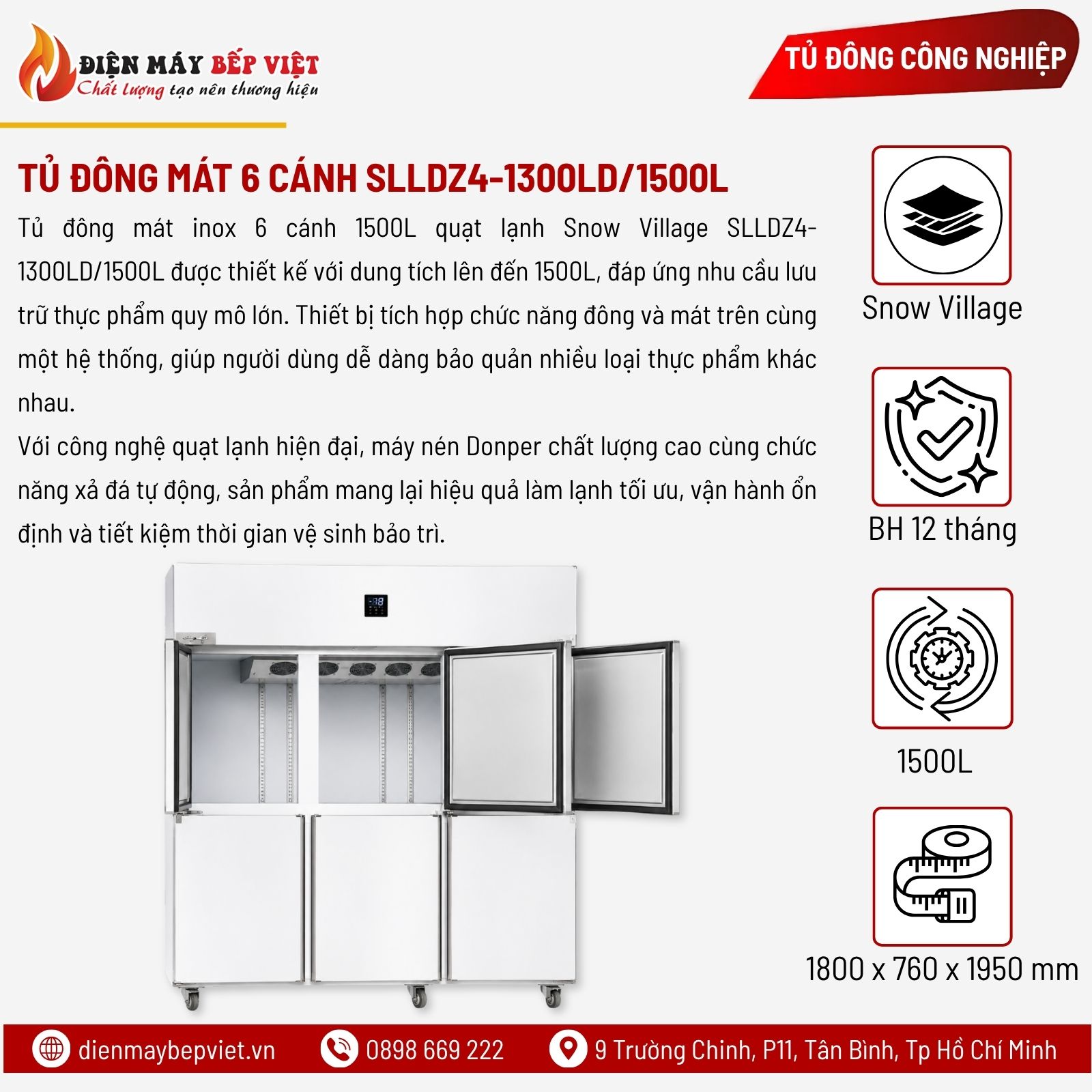 Tủ Đông Mát Inox 6 Cánh 1500L Quạt Lạnh Snow Village SLLDZ4-1300LD/1500L