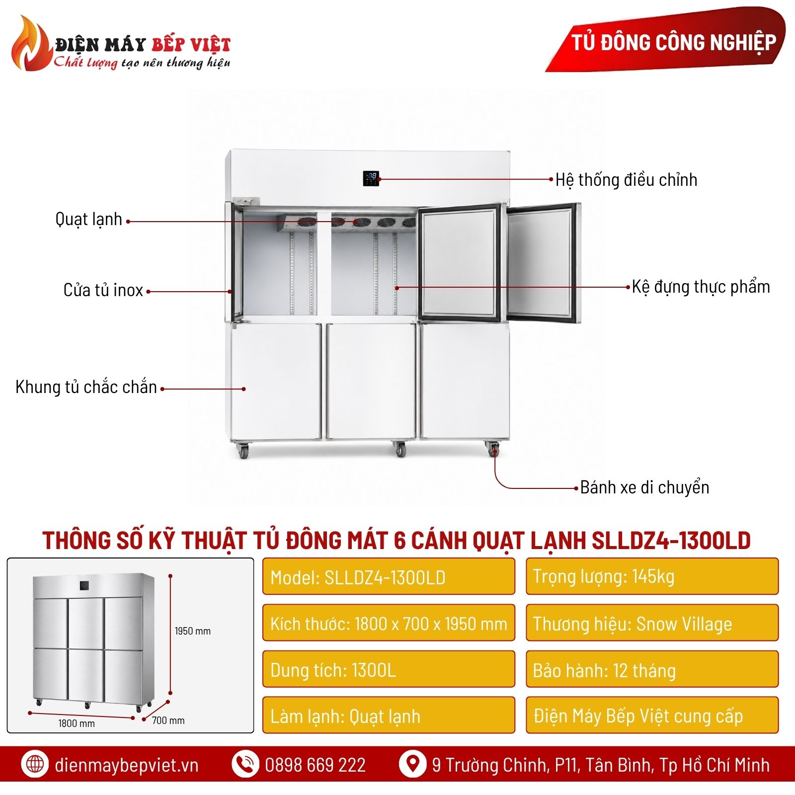 Tủ Đông Mát Inox 6 Cánh Quạt Lạnh Snow Village SLLDZ4-1300LD